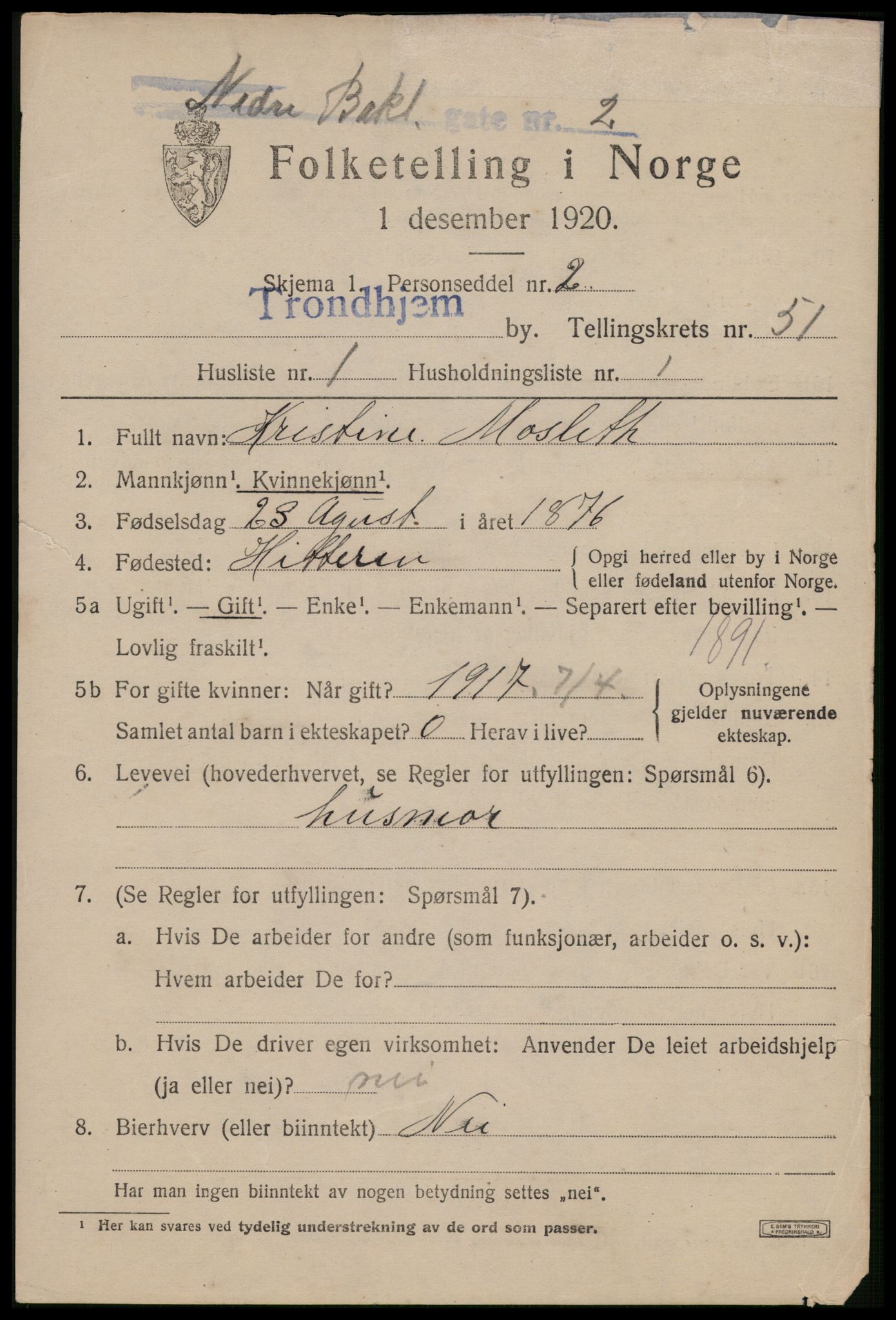 SAT, 1920 census for Trondheim, 1920, p. 105082