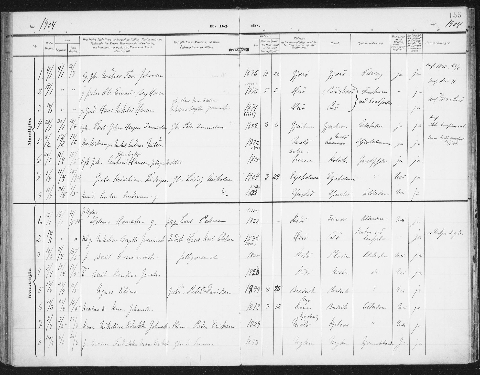 Ministerialprotokoller, klokkerbøker og fødselsregistre - Nordland, AV/SAT-A-1459/841/L0612: Parish register (official) no. 841A15, 1902-1910, p. 155