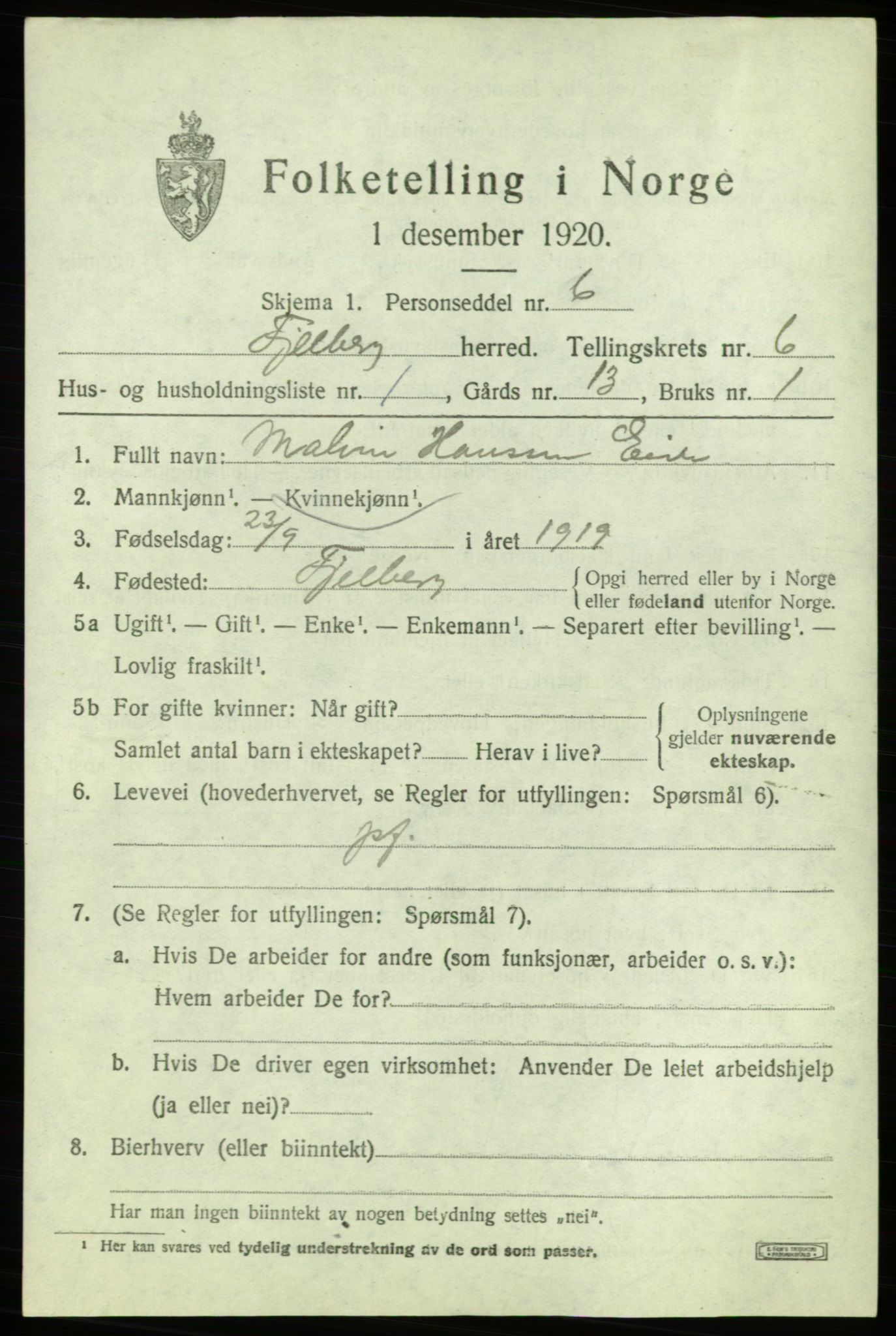 SAB, 1920 census for Fjelberg, 1920, p. 2191