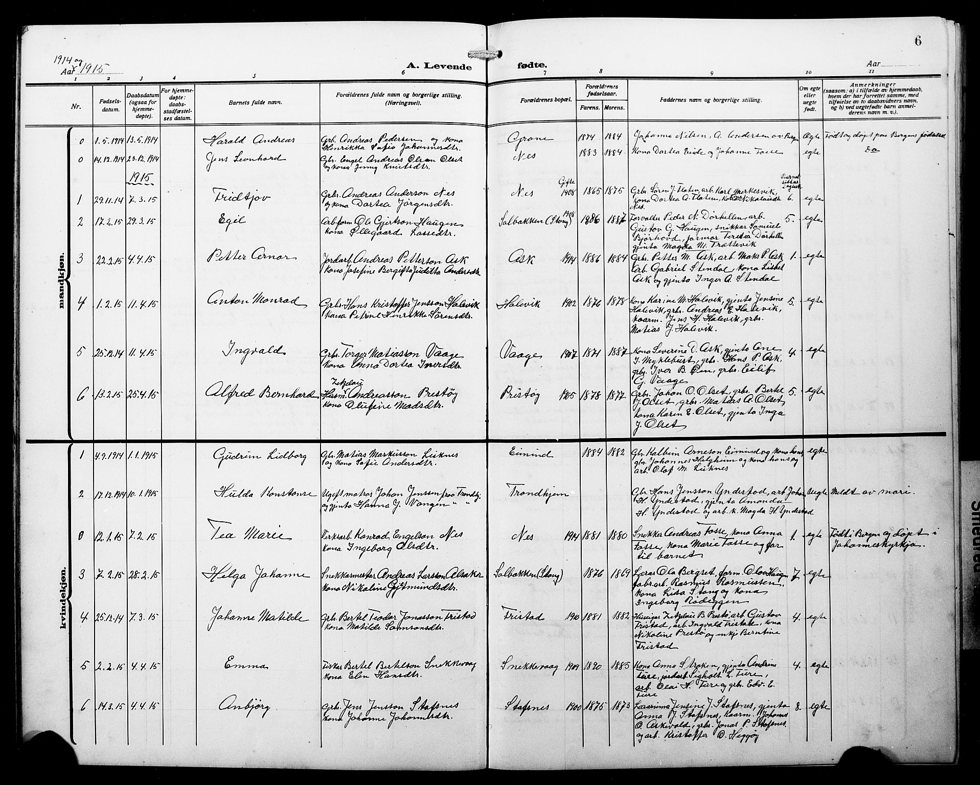 Askvoll sokneprestembete, SAB/A-79501/H/Hab/Haba/L0004: Parish register (copy) no. A 4, 1913-1929, p. 6