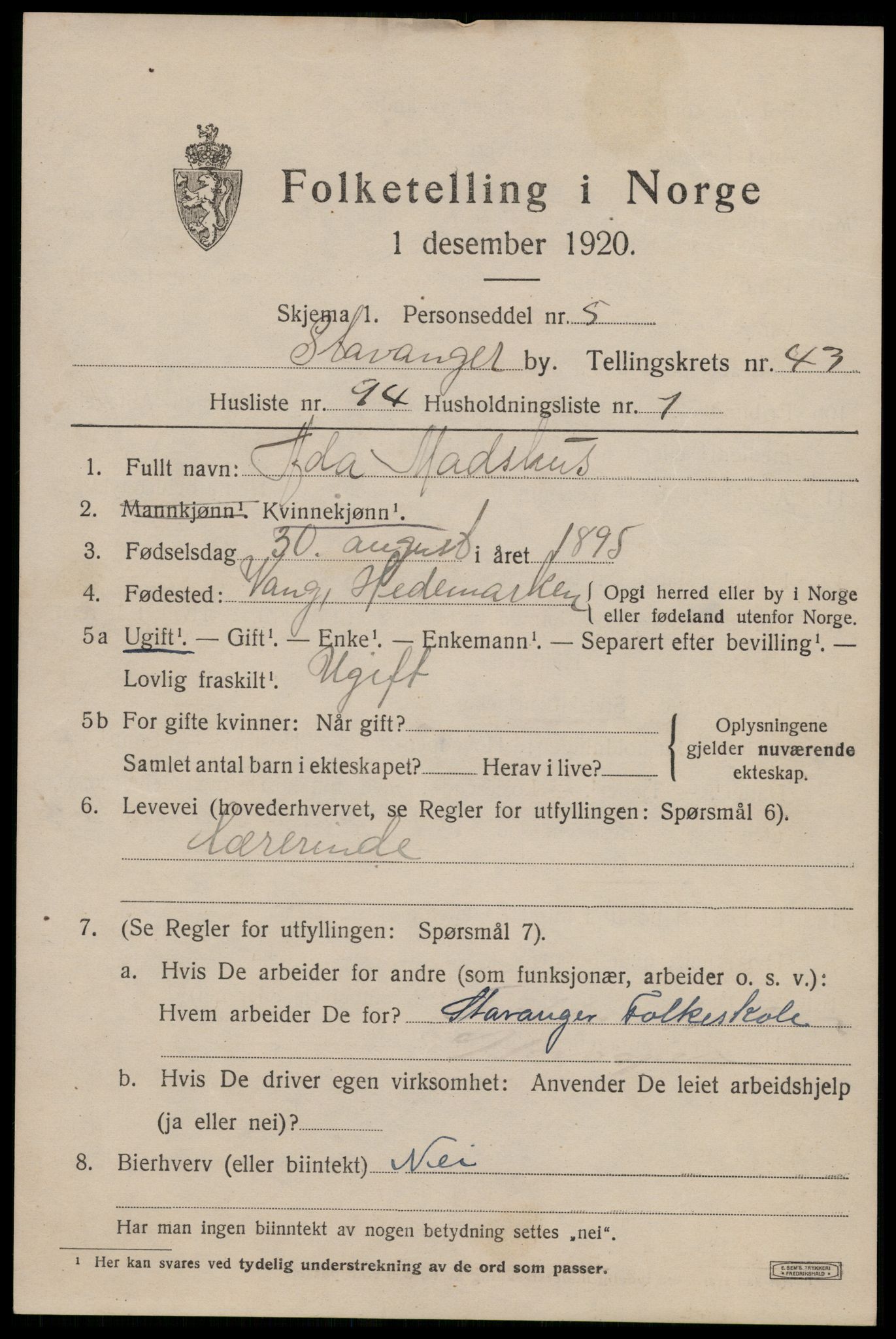 SAST, 1920 census for Stavanger, 1920, p. 108498