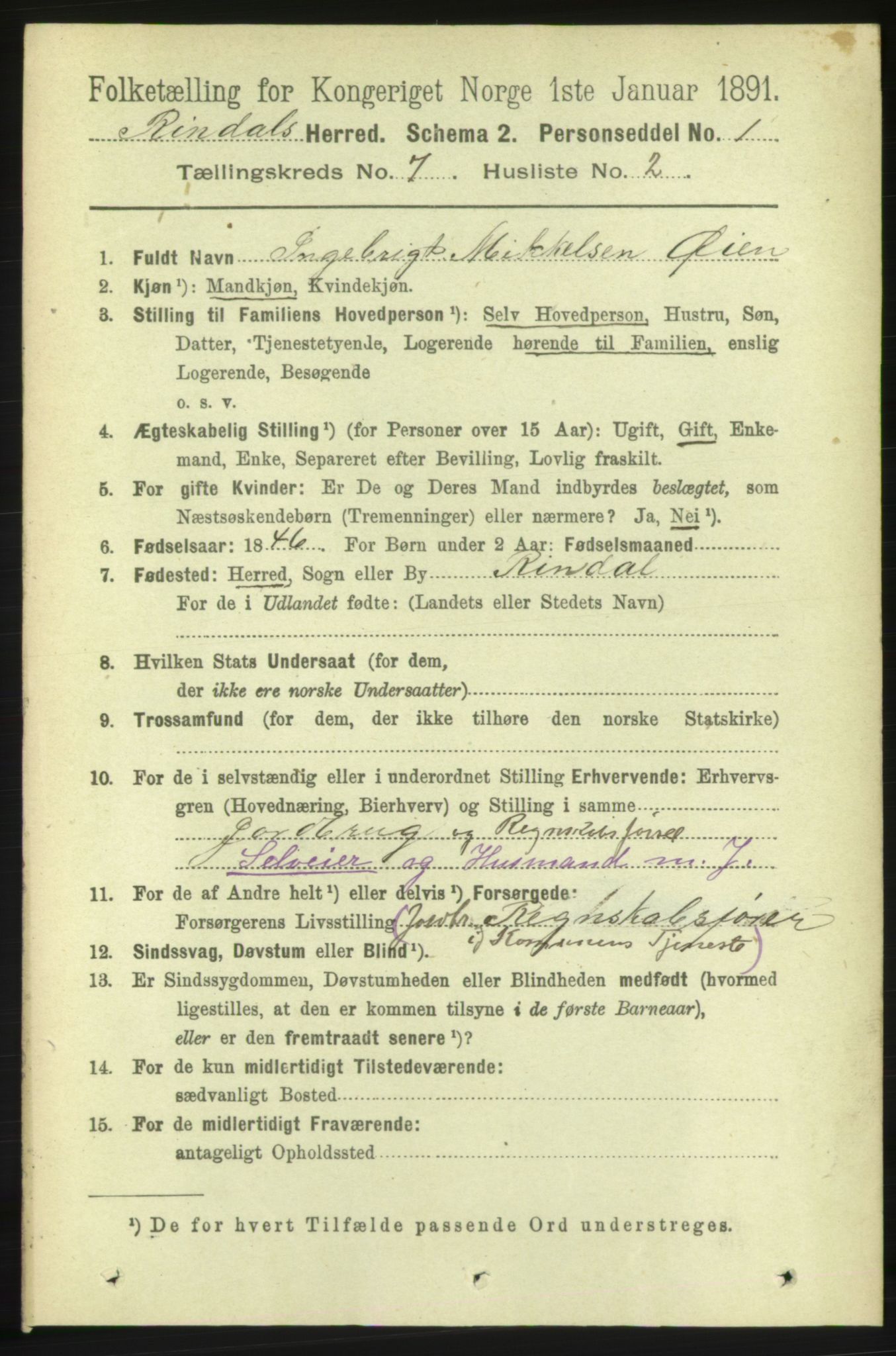 RA, 1891 census for 1567 Rindal, 1891, p. 2032