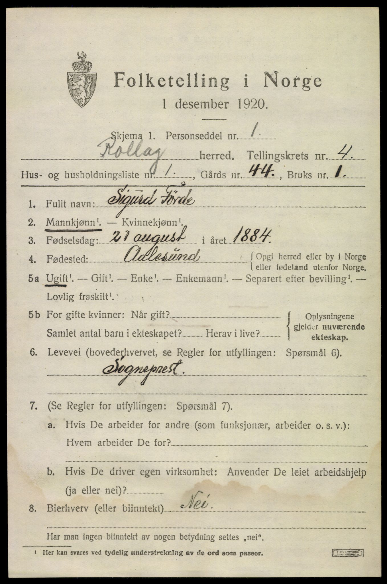 SAKO, 1920 census for Rollag, 1920, p. 1784