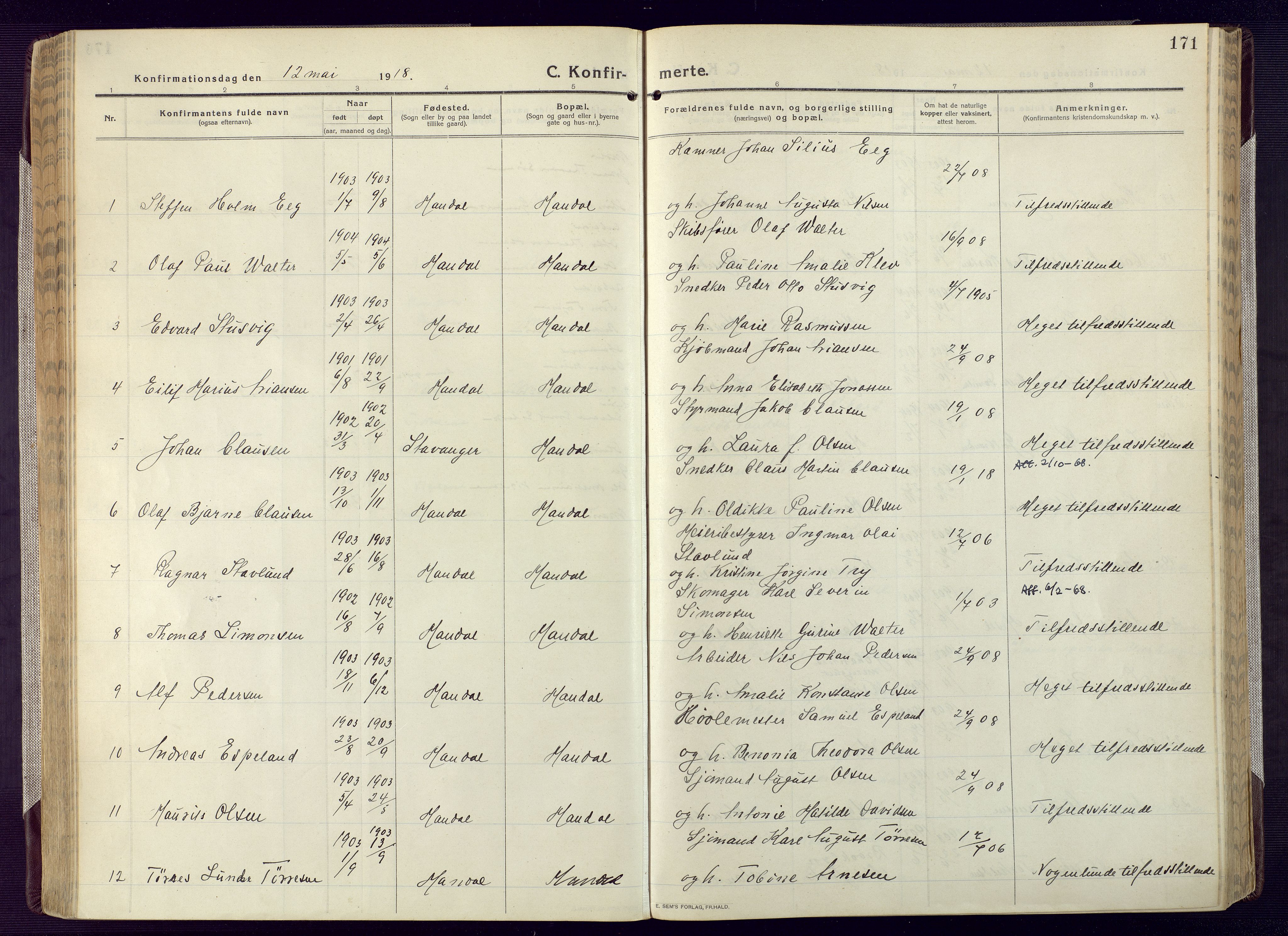 Mandal sokneprestkontor, SAK/1111-0030/F/Fa/Fac/L0001: Parish register (official) no. A 1, 1913-1925, p. 171