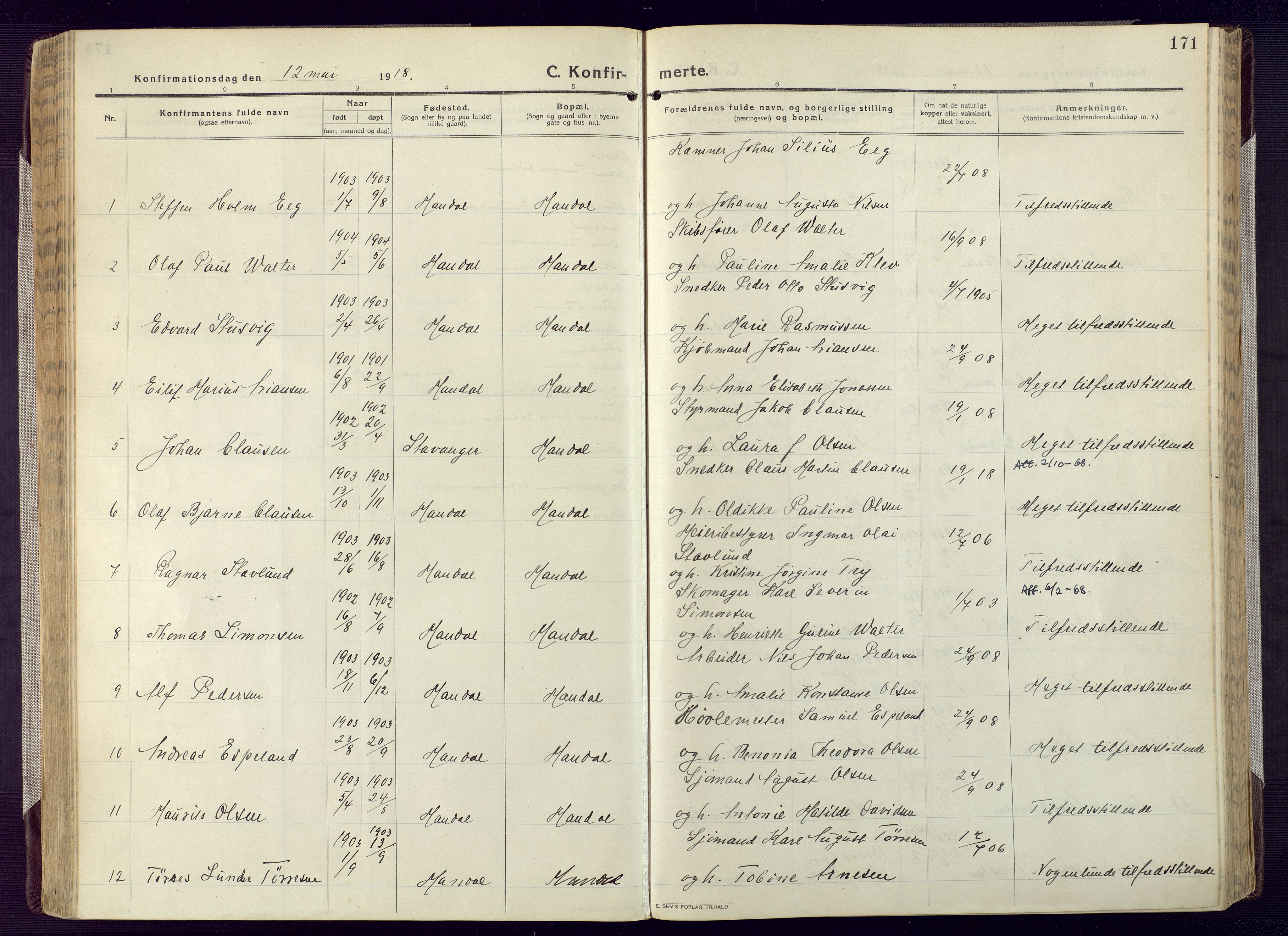 Mandal sokneprestkontor, AV/SAK-1111-0030/F/Fa/Fac/L0001: Parish register (official) no. A 1, 1913-1925, p. 171