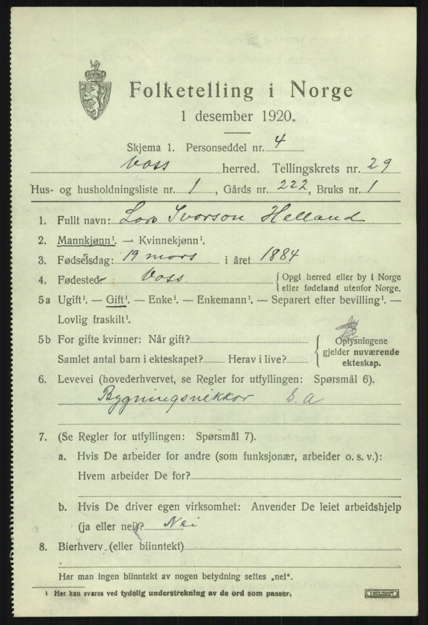 SAB, 1920 census for Voss, 1920, p. 19265