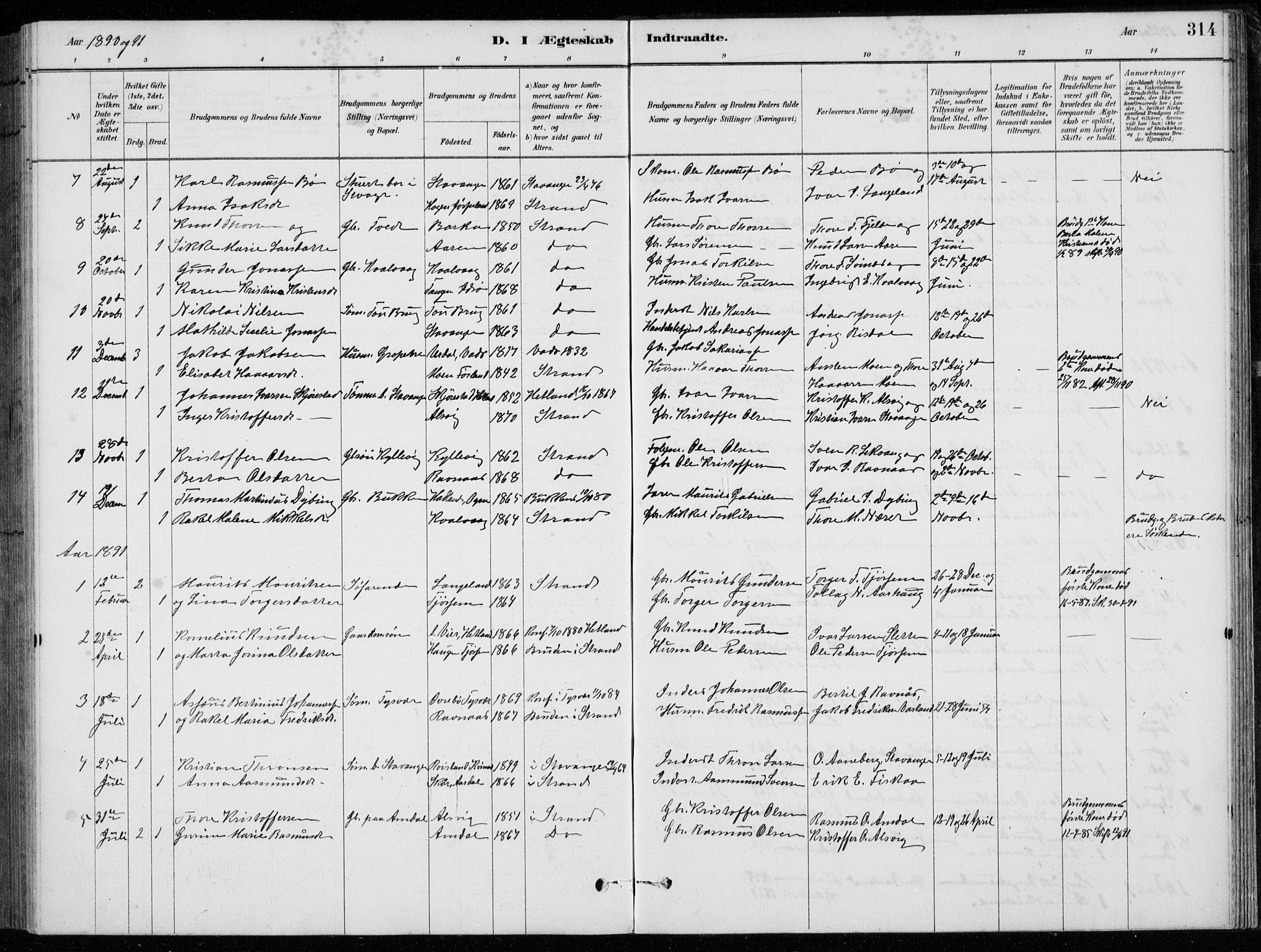 Strand sokneprestkontor, SAST/A-101828/H/Ha/Hab/L0004: Parish register (copy) no. B 4, 1878-1903, p. 314