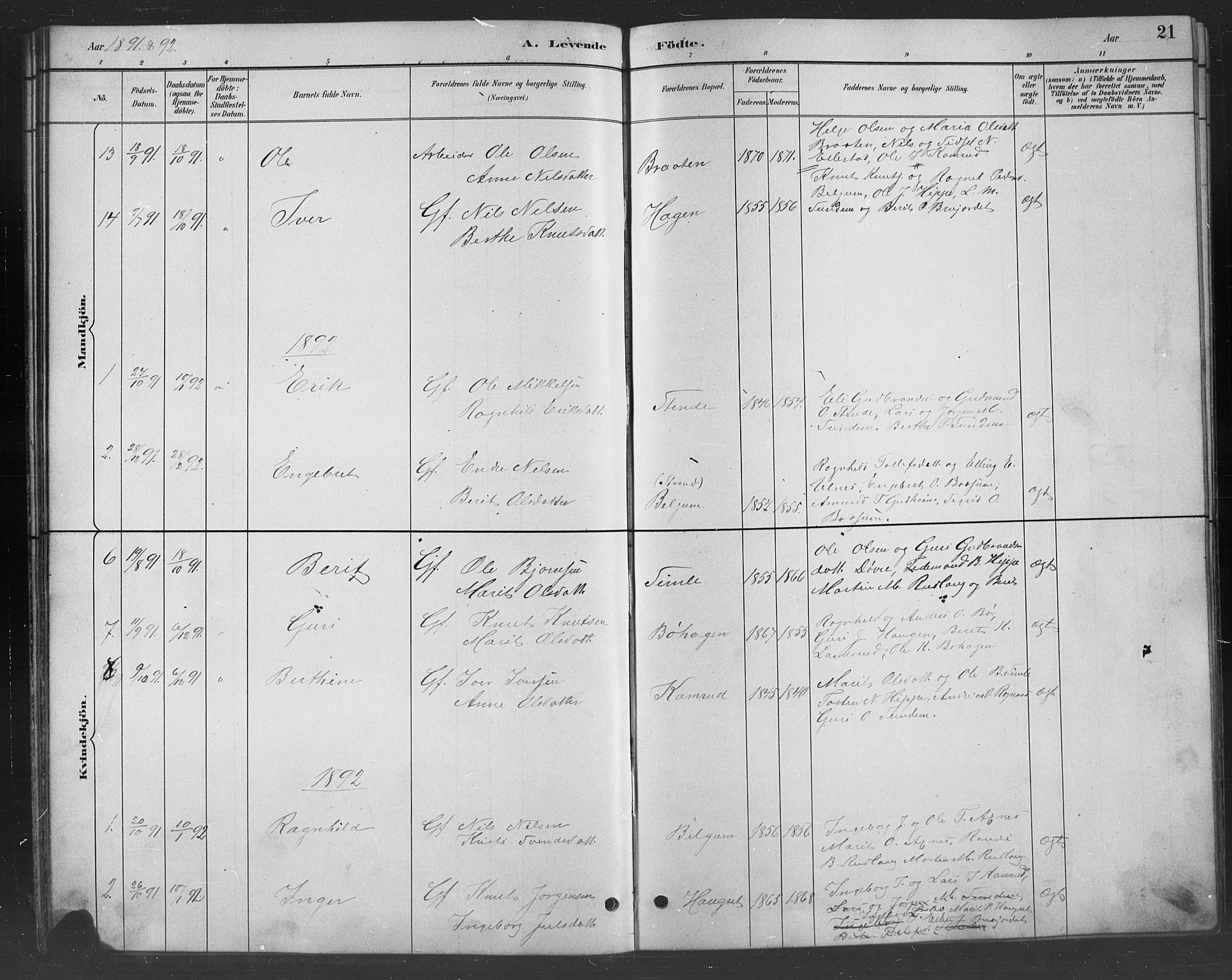 Nord-Aurdal prestekontor, SAH/PREST-132/H/Ha/Hab/L0008: Parish register (copy) no. 8, 1883-1916, p. 21
