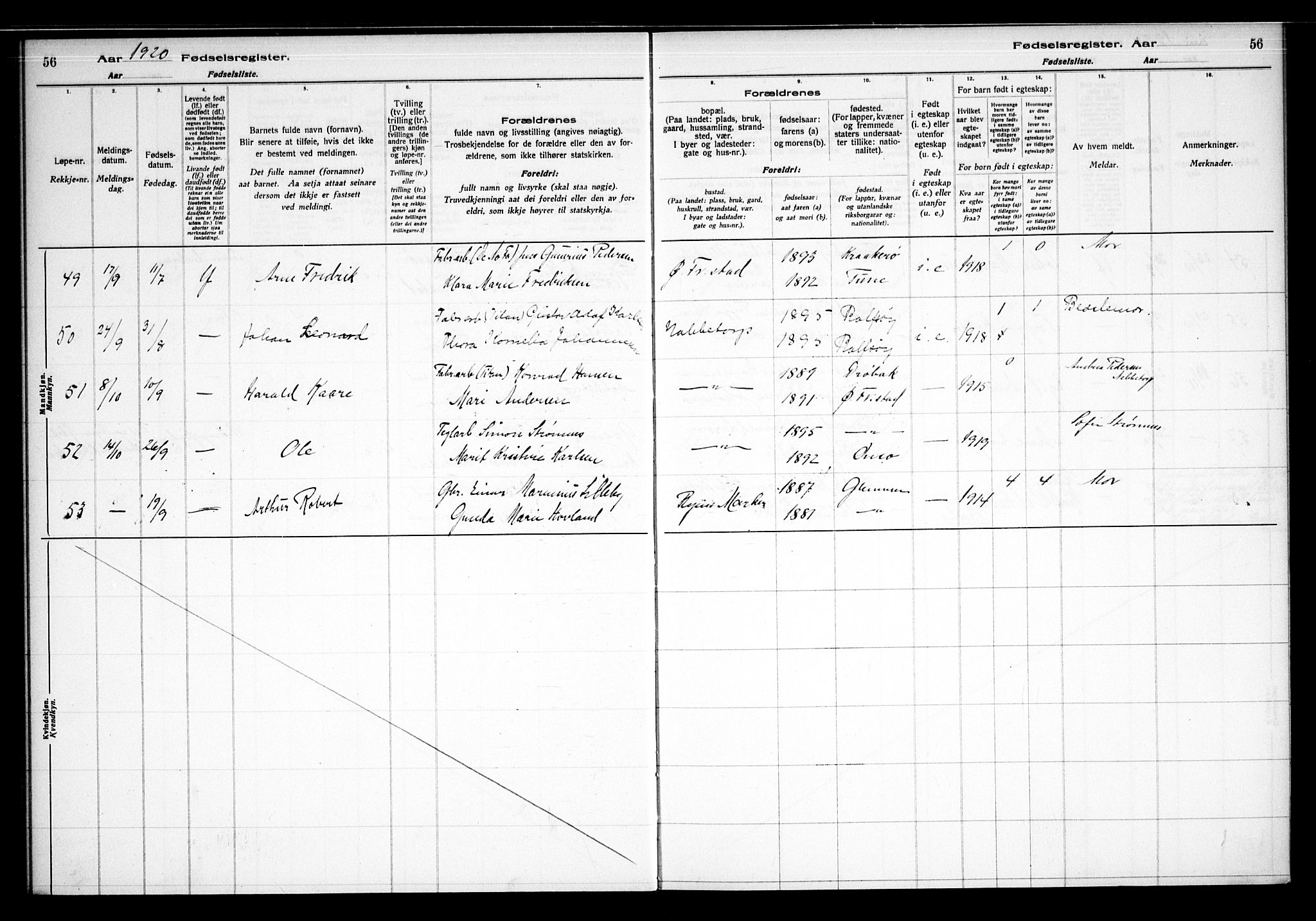 Østre Fredrikstad prestekontor Kirkebøker, SAO/A-10907/J/Ja/L0001: Birth register no. 1, 1916-1936, p. 56