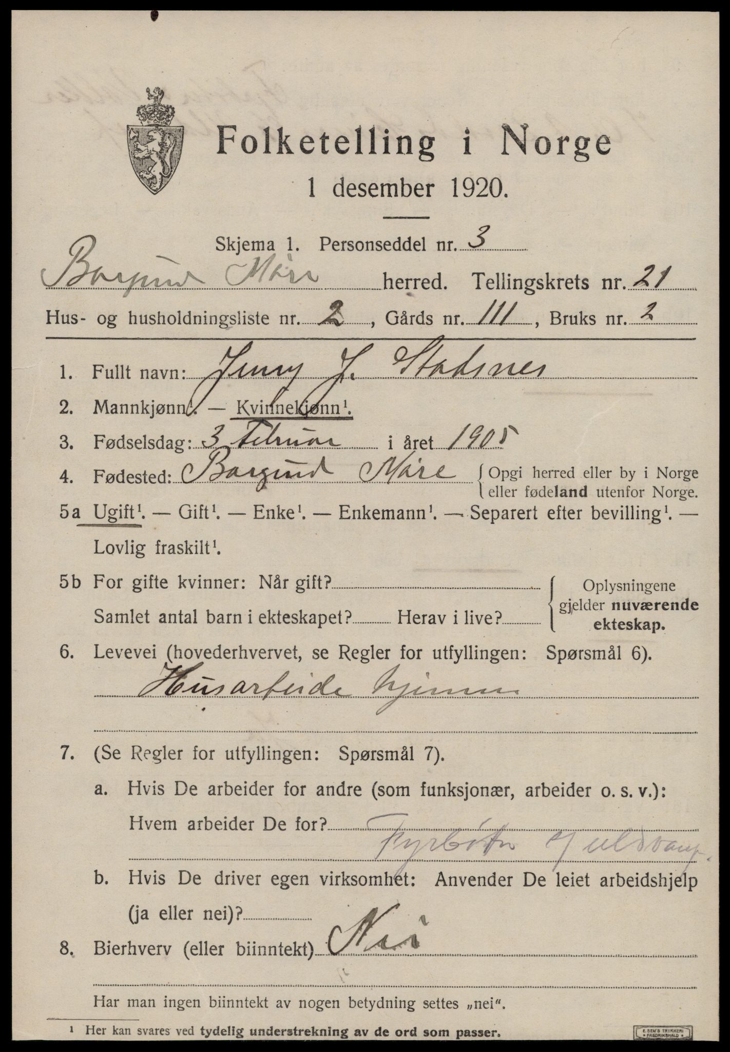 SAT, 1920 census for Borgund, 1920, p. 14312