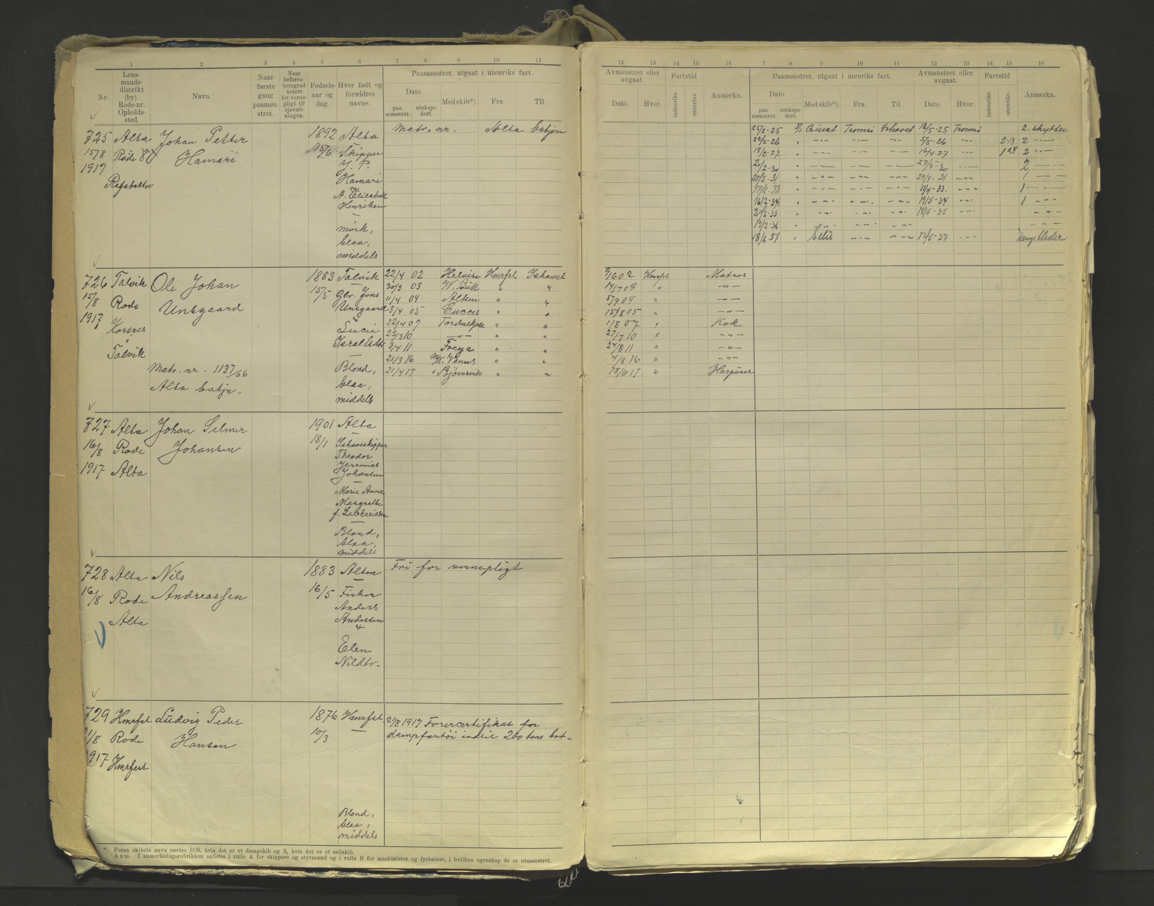 Tromsø sjømannskontor/innrullerings-/mønstringsdistrikt, AV/SATØ-S-0243/F/Fa/L0005: Annotasjonsrulle. Defekt: løse permer og ark Nr. 720-2154, 1917-1948