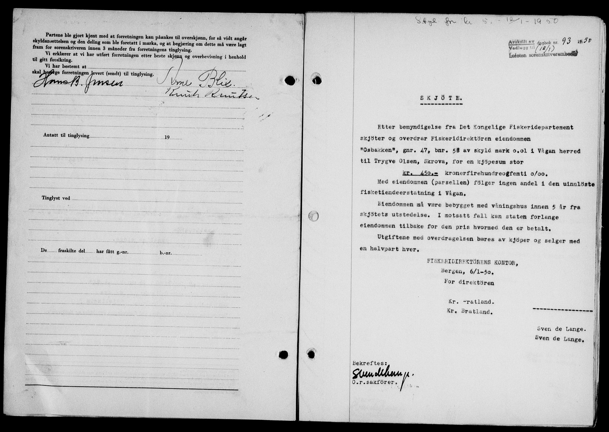Lofoten sorenskriveri, SAT/A-0017/1/2/2C/L0022a: Mortgage book no. 22a, 1949-1950, Diary no: : 93/1950