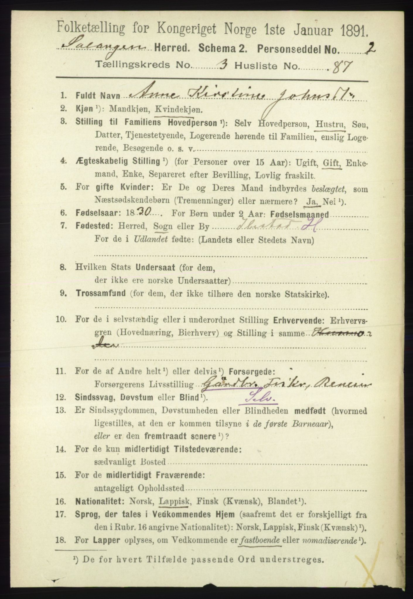 RA, 1891 census for 1921 Salangen, 1891, p. 1721