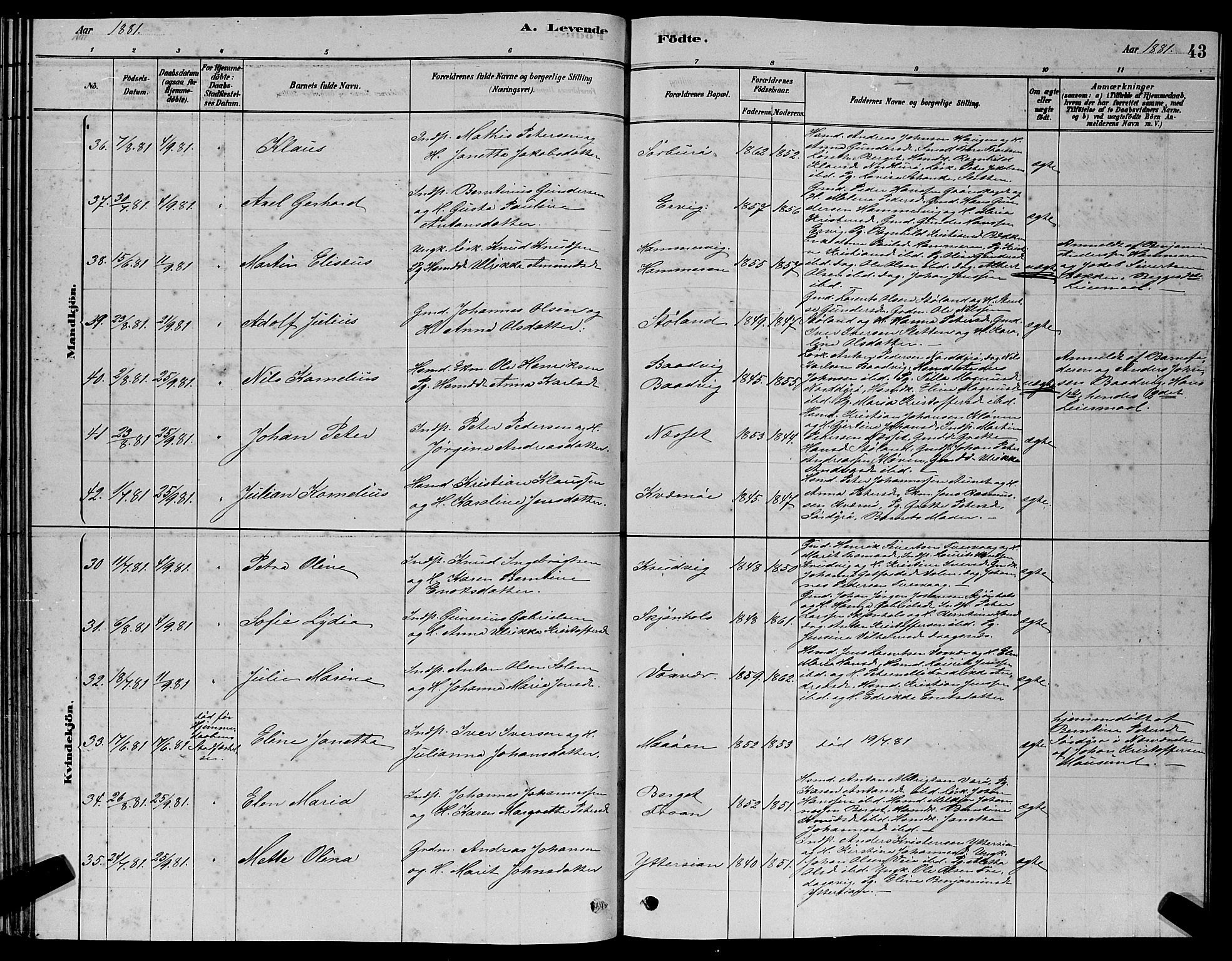 Ministerialprotokoller, klokkerbøker og fødselsregistre - Sør-Trøndelag, AV/SAT-A-1456/640/L0585: Parish register (copy) no. 640C03, 1878-1891, p. 43