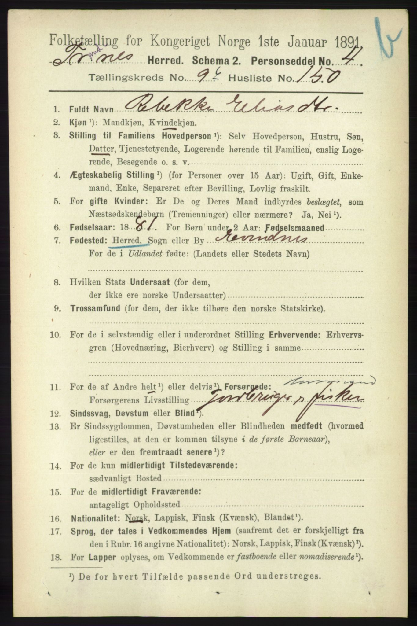 RA, 1891 census for 1914 Trondenes, 1891, p. 7422