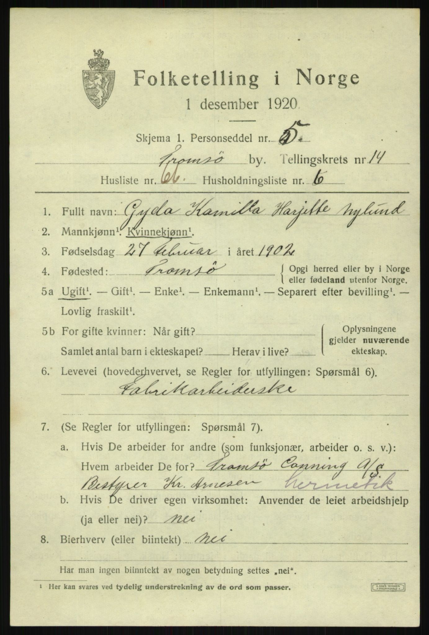 SATØ, 1920 census for Tromsø, 1920, p. 27825