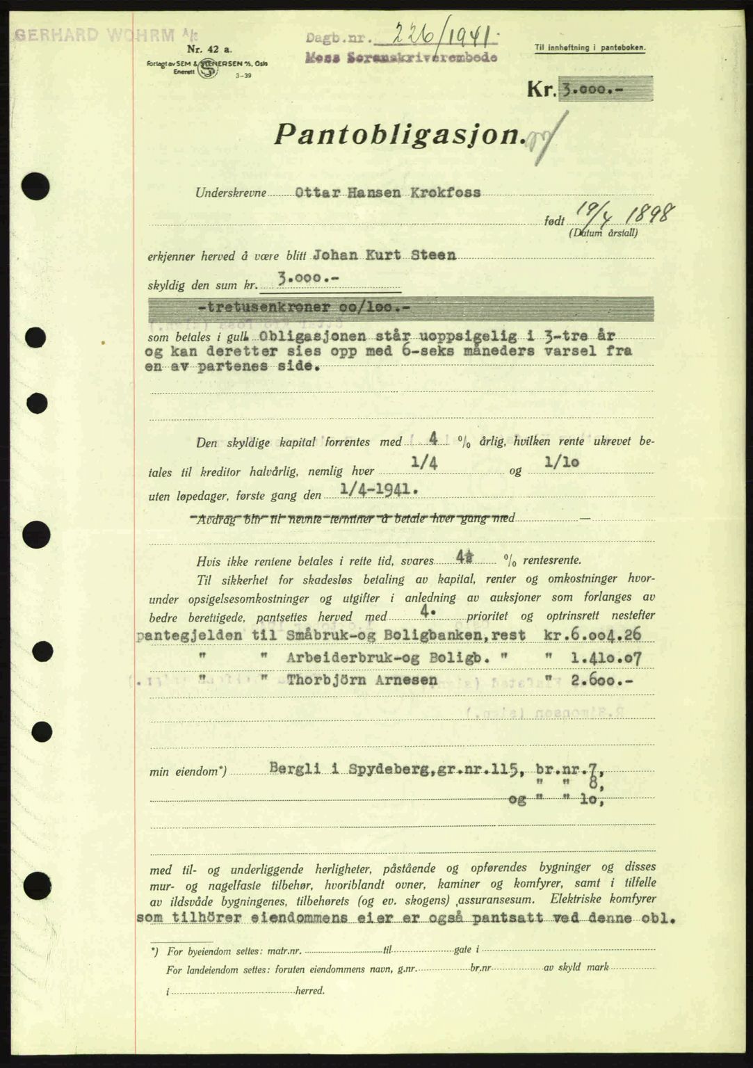 Moss sorenskriveri, SAO/A-10168: Mortgage book no. B10, 1940-1941, Diary no: : 226/1941