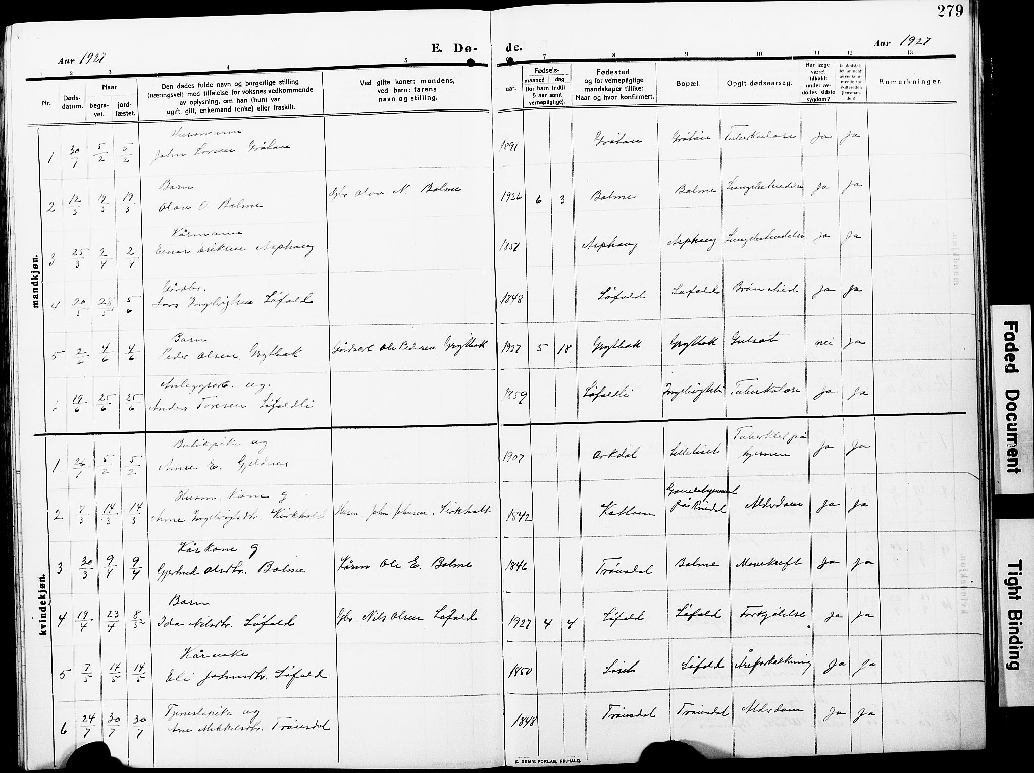 Ministerialprotokoller, klokkerbøker og fødselsregistre - Møre og Romsdal, AV/SAT-A-1454/598/L1079: Parish register (copy) no. 598C04, 1909-1927, p. 279