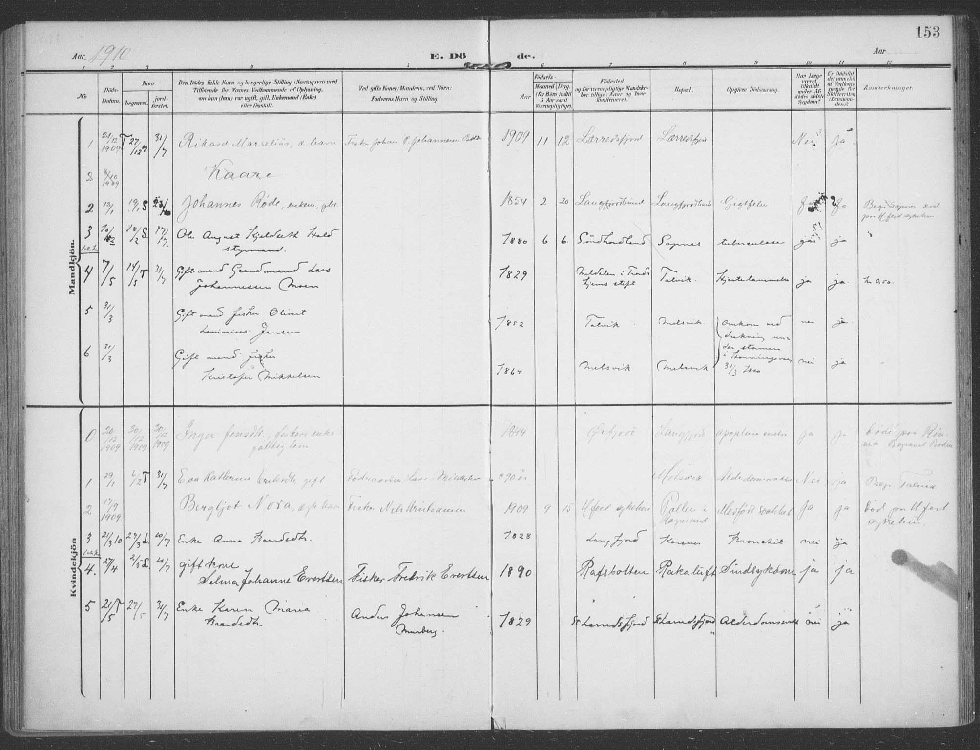 Talvik sokneprestkontor, AV/SATØ-S-1337/H/Ha/L0017kirke: Parish register (official) no. 17, 1906-1915, p. 153