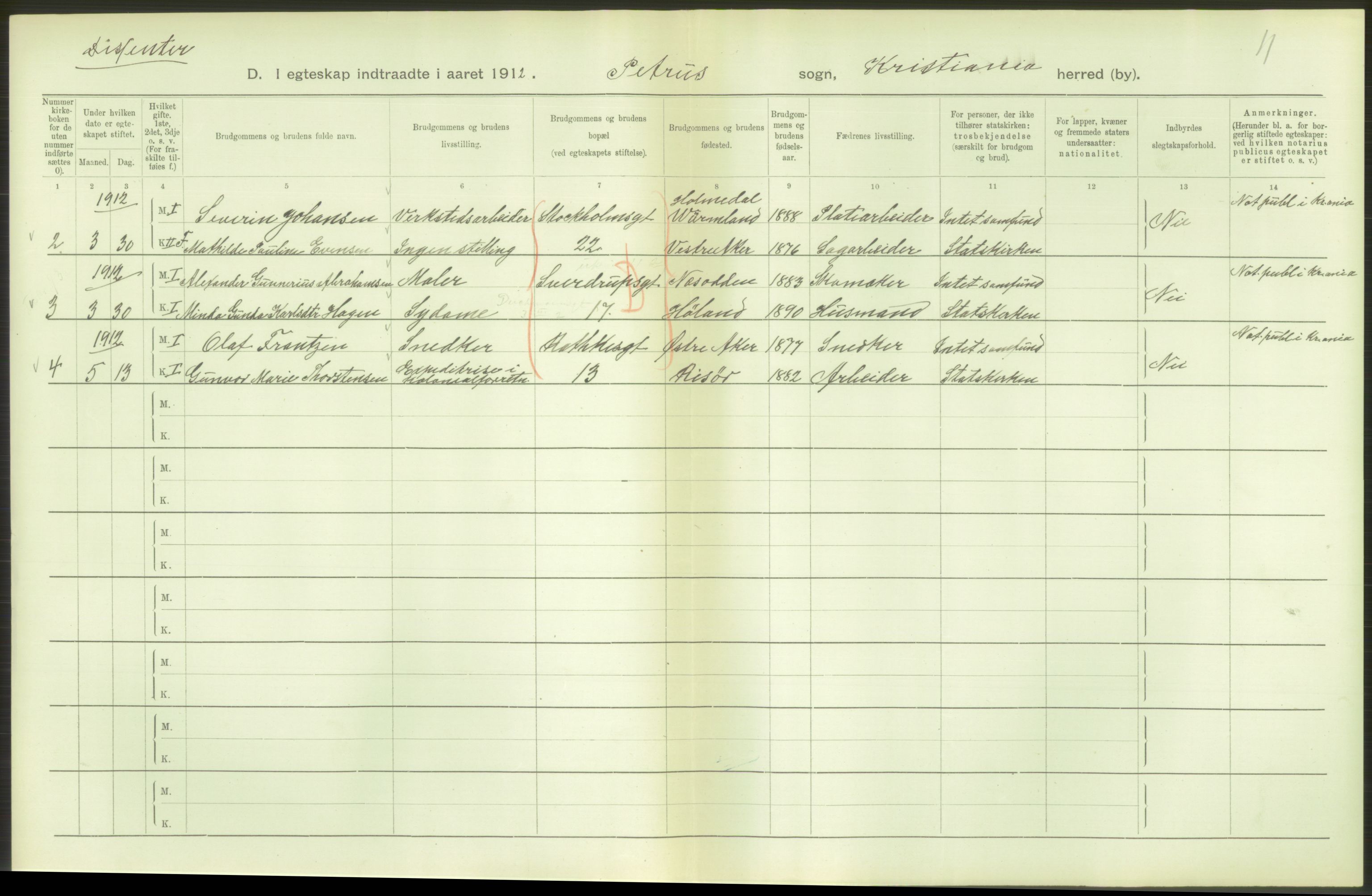 Statistisk sentralbyrå, Sosiodemografiske emner, Befolkning, RA/S-2228/D/Df/Dfb/Dfbb/L0008: Kristiania: Gifte, 1912, p. 368