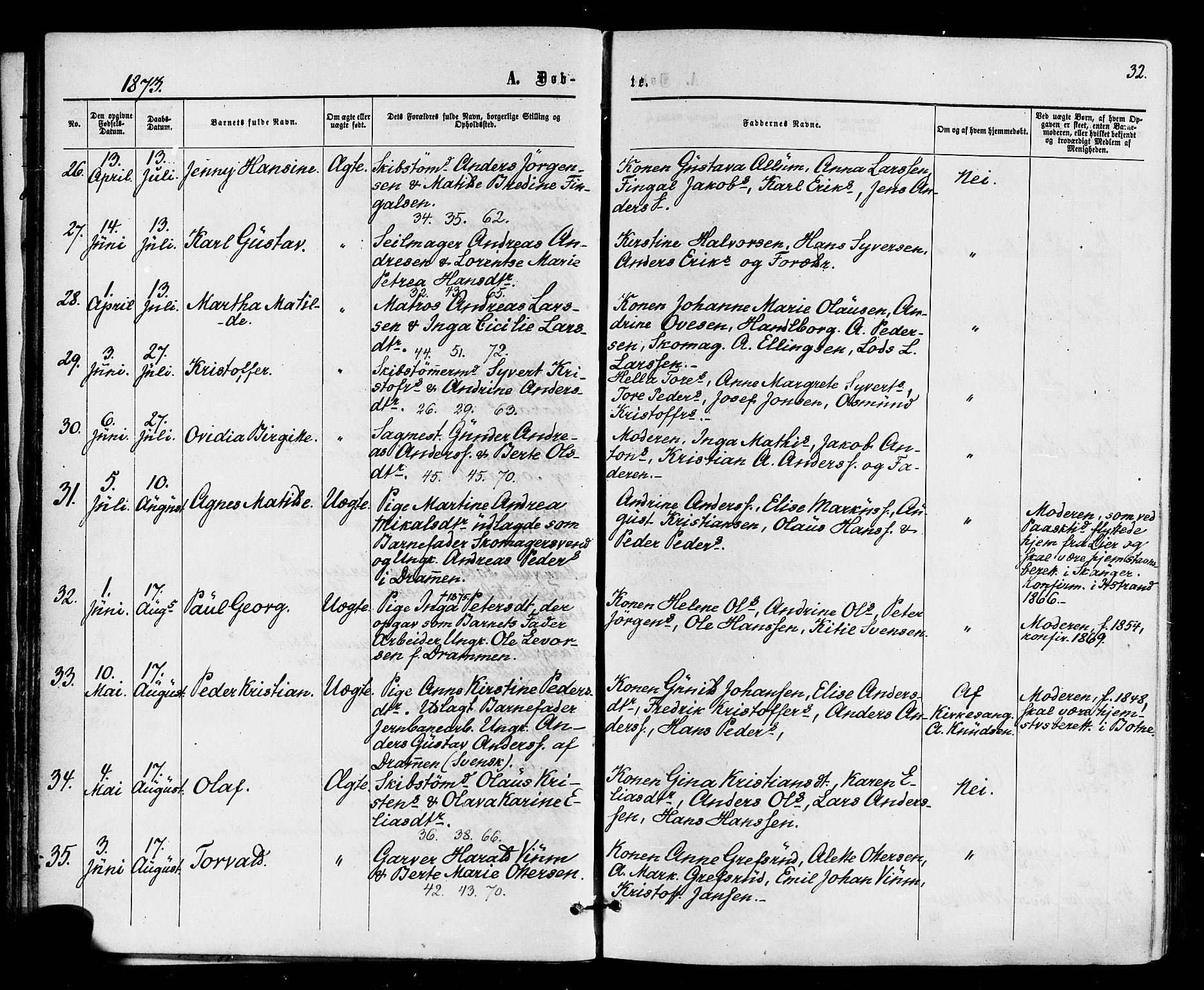 Holmestrand kirkebøker, AV/SAKO-A-346/F/Fa/L0003: Parish register (official) no. 3, 1867-1879, p. 32