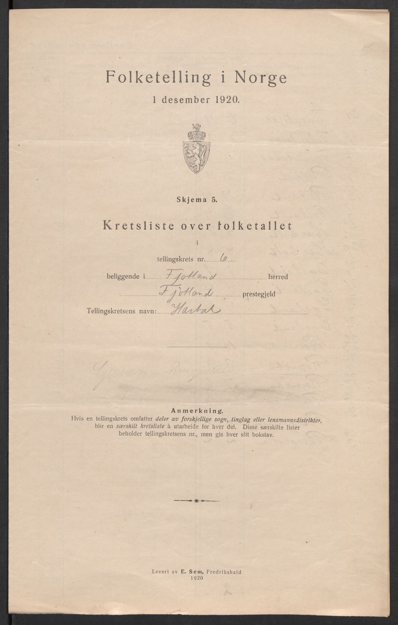 SAK, 1920 census for Fjotland, 1920, p. 22