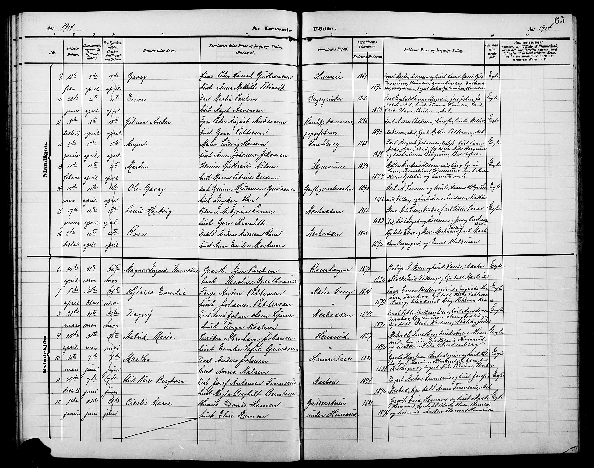 Jevnaker prestekontor, SAH/PREST-116/H/Ha/Hab/L0004: Parish register (copy) no. 4, 1907-1918, p. 65