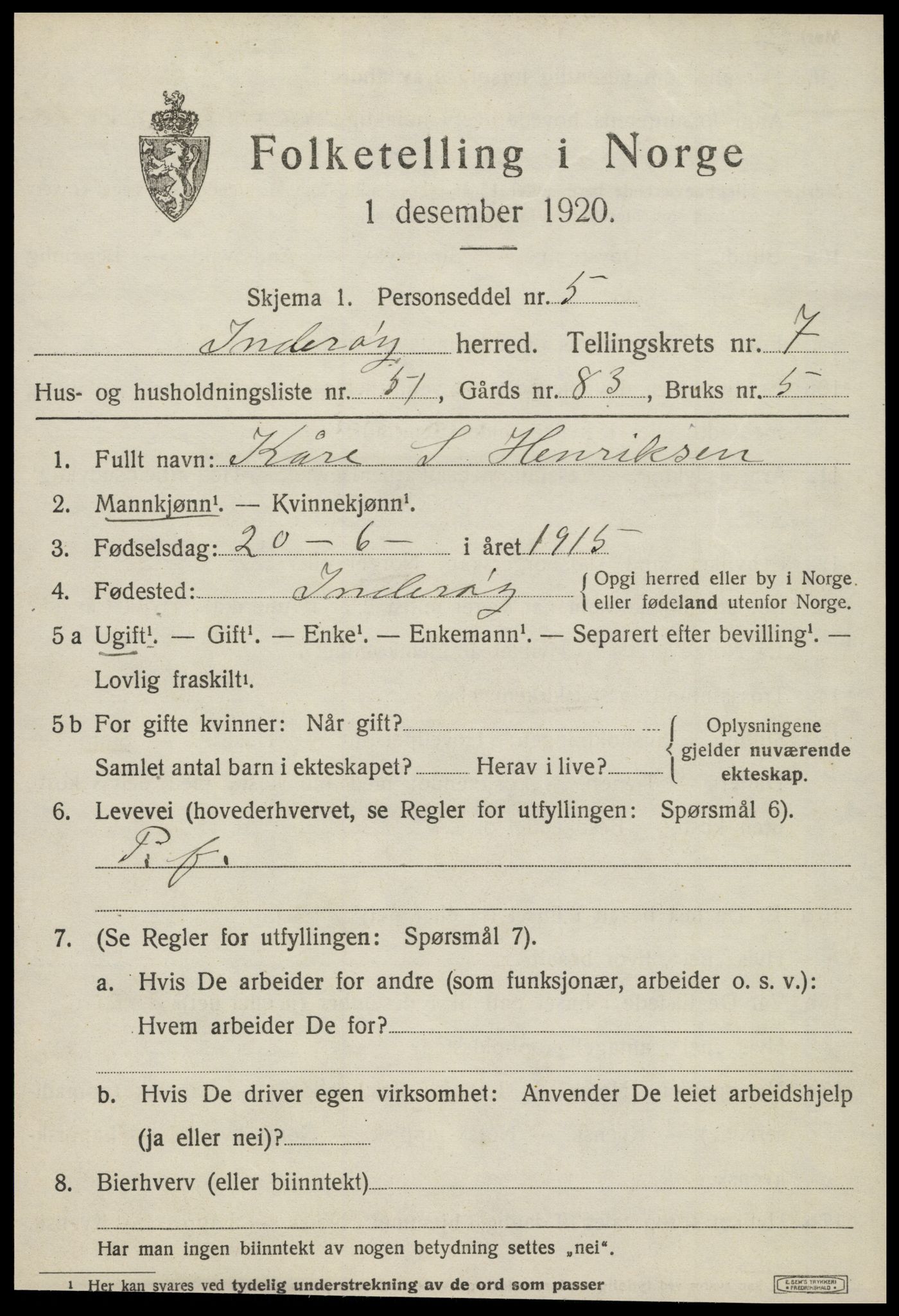 SAT, 1920 census for Inderøy, 1920, p. 5587