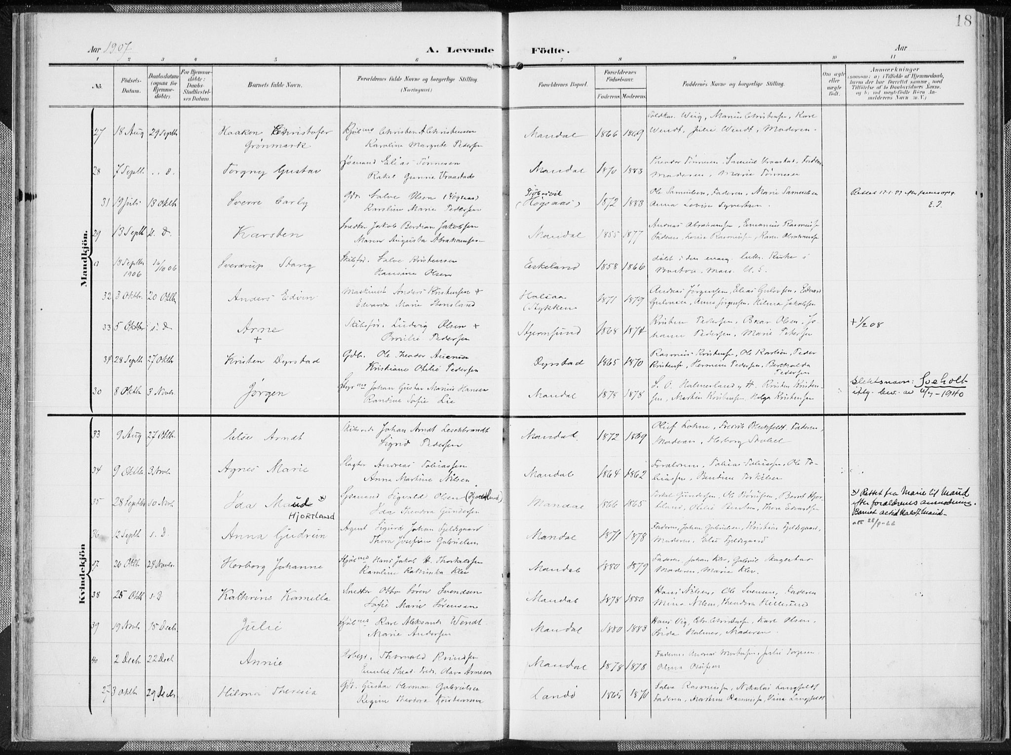 Mandal sokneprestkontor, AV/SAK-1111-0030/F/Fa/Faa/L0020: Parish register (official) no. A 20, 1906-1912, p. 18