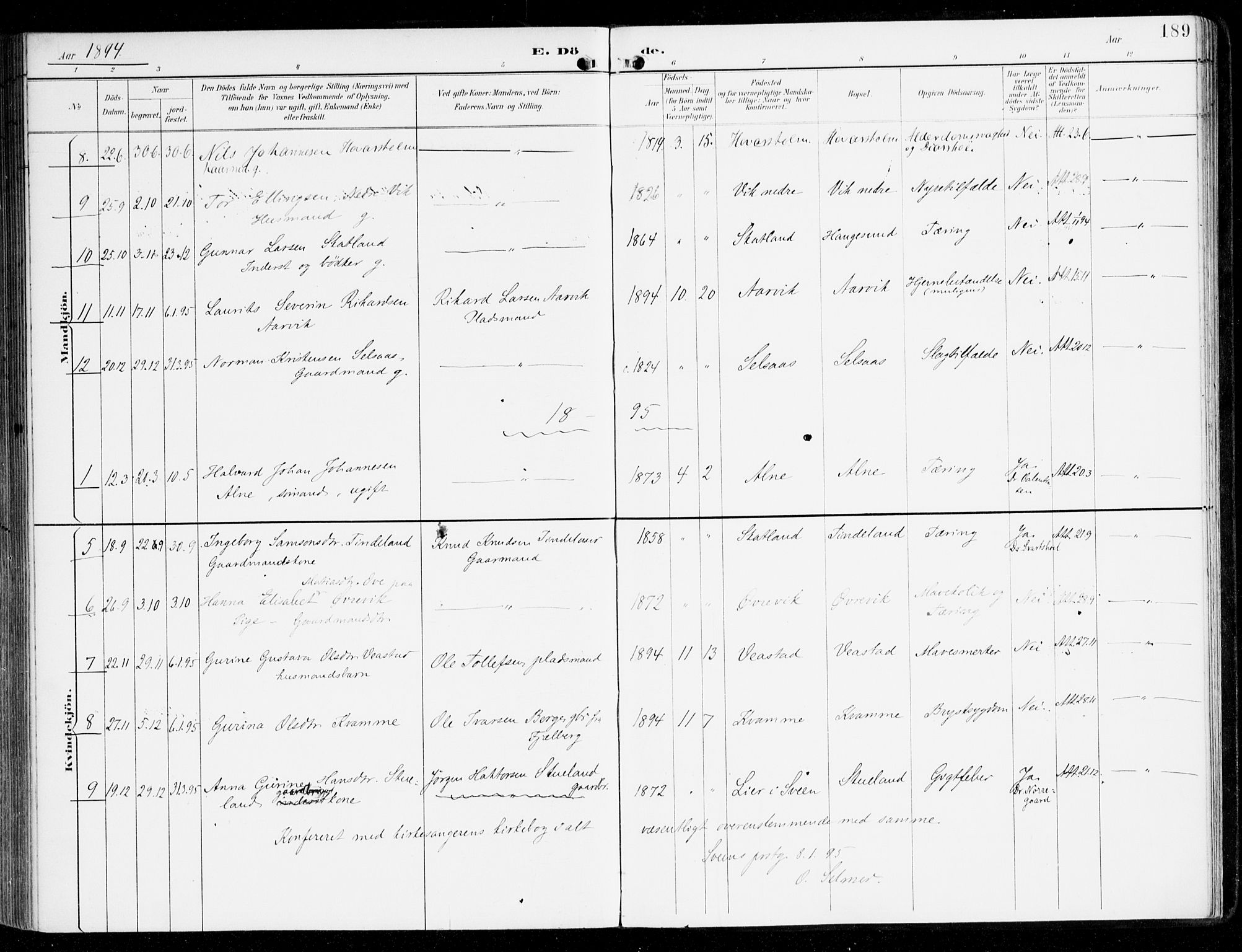 Sveio Sokneprestembete, SAB/A-78501/H/Haa: Parish register (official) no. D 2, 1894-1916, p. 189