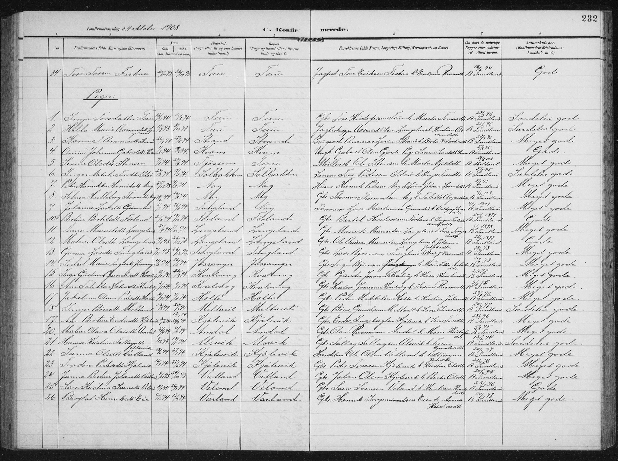 Strand sokneprestkontor, AV/SAST-A-101828/H/Ha/Hab/L0005: Parish register (copy) no. B 5, 1904-1934, p. 232