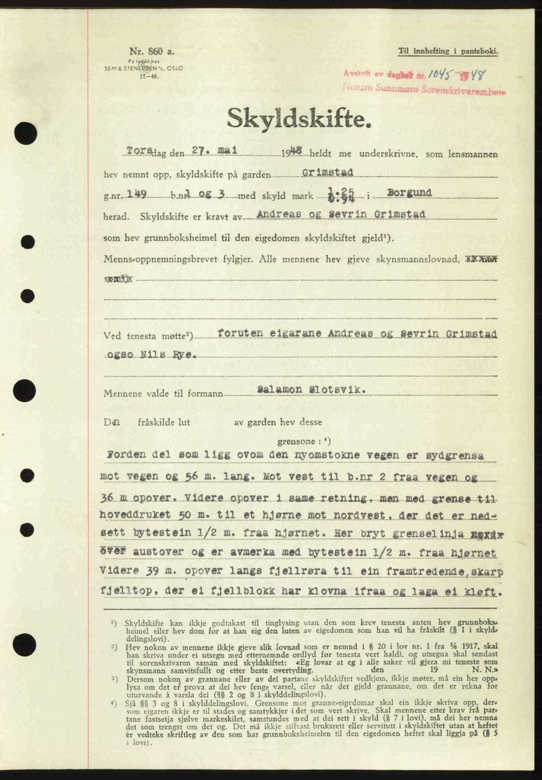 Nordre Sunnmøre sorenskriveri, AV/SAT-A-0006/1/2/2C/2Ca: Mortgage book no. A28, 1948-1948, Diary no: : 1045/1948