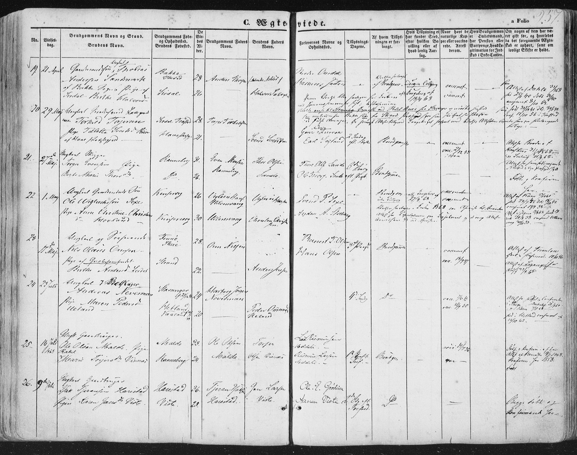 Hetland sokneprestkontor, AV/SAST-A-101826/30/30BA/L0002: Parish register (official) no. A 2, 1849-1869, p. 257