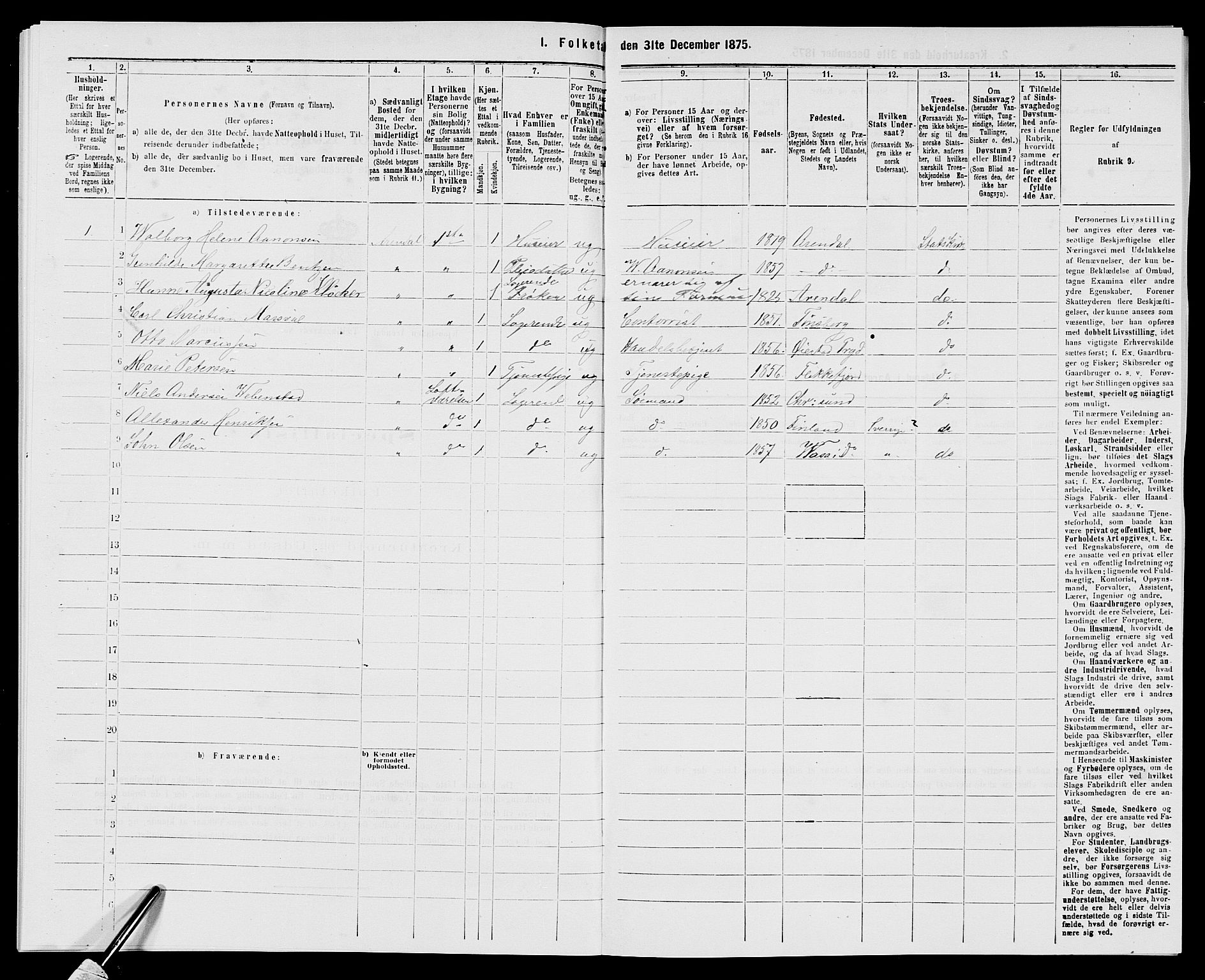 SAK, 1875 census for 0903P Arendal, 1875, p. 502