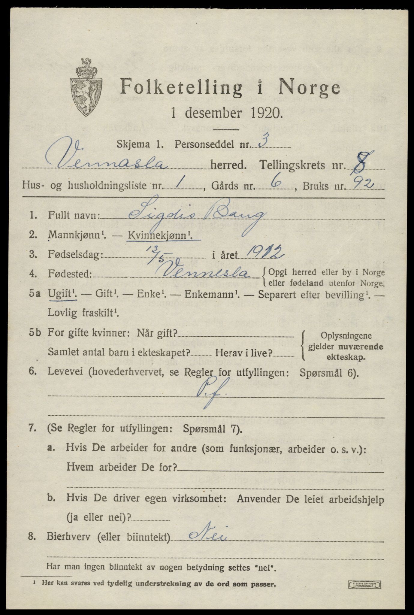 SAK, 1920 census for Vennesla, 1920, p. 5514