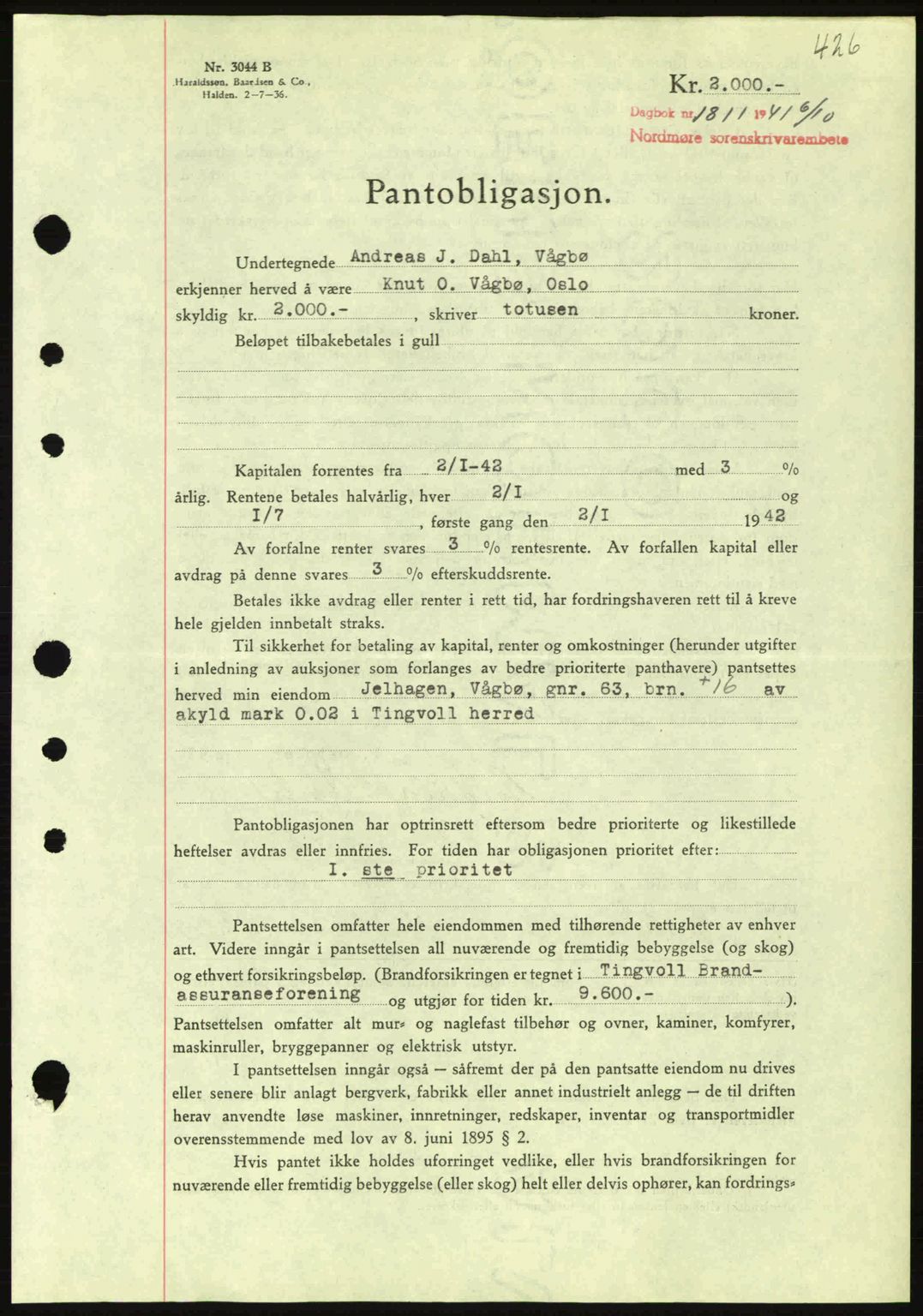 Nordmøre sorenskriveri, AV/SAT-A-4132/1/2/2Ca: Mortgage book no. B88, 1941-1942, Diary no: : 1811/1941