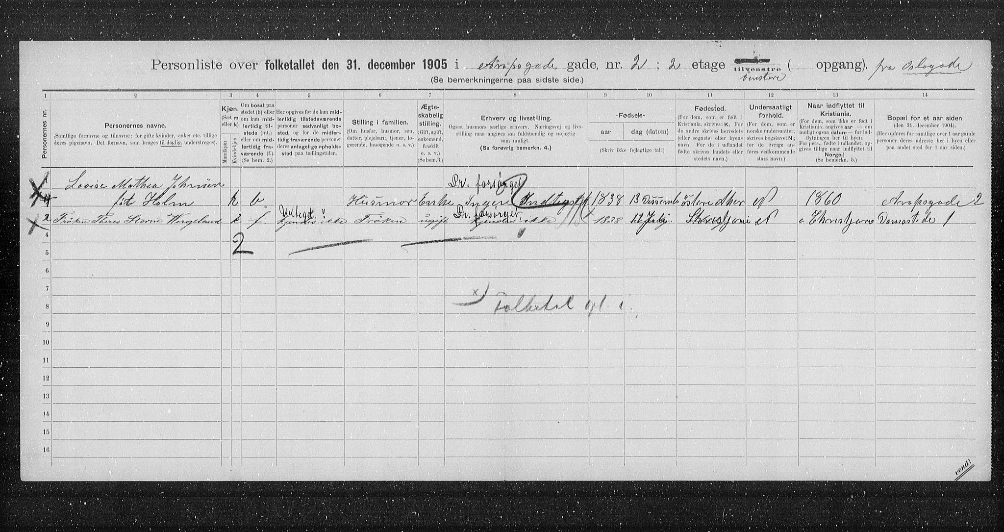 OBA, Municipal Census 1905 for Kristiania, 1905, p. 1111