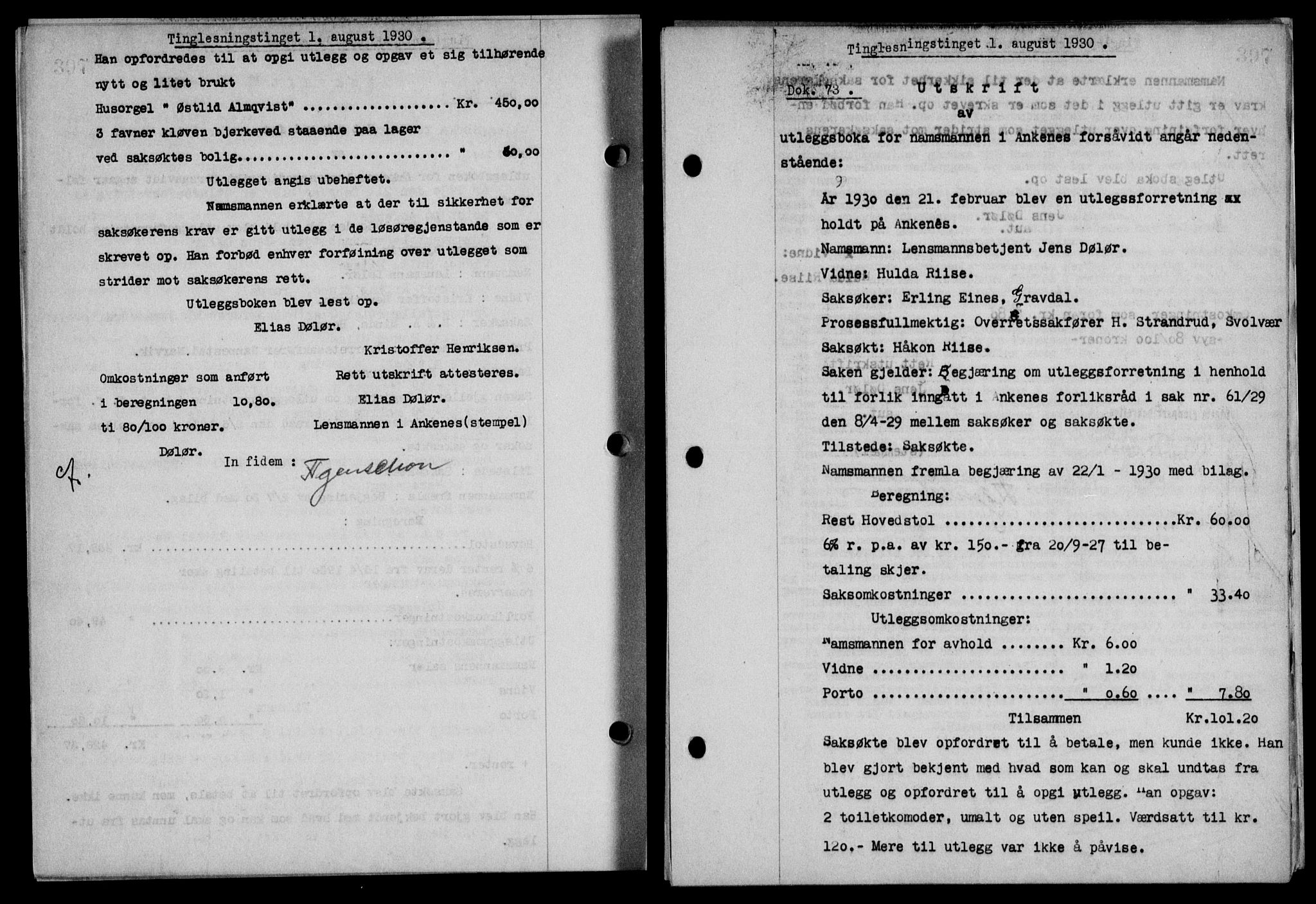 Steigen og Ofoten sorenskriveri, SAT/A-0030/1/2/2C/L0018/0001: Mortgage book no. 20-II og 21, 1930-1931, Deed date: 01.08.1930