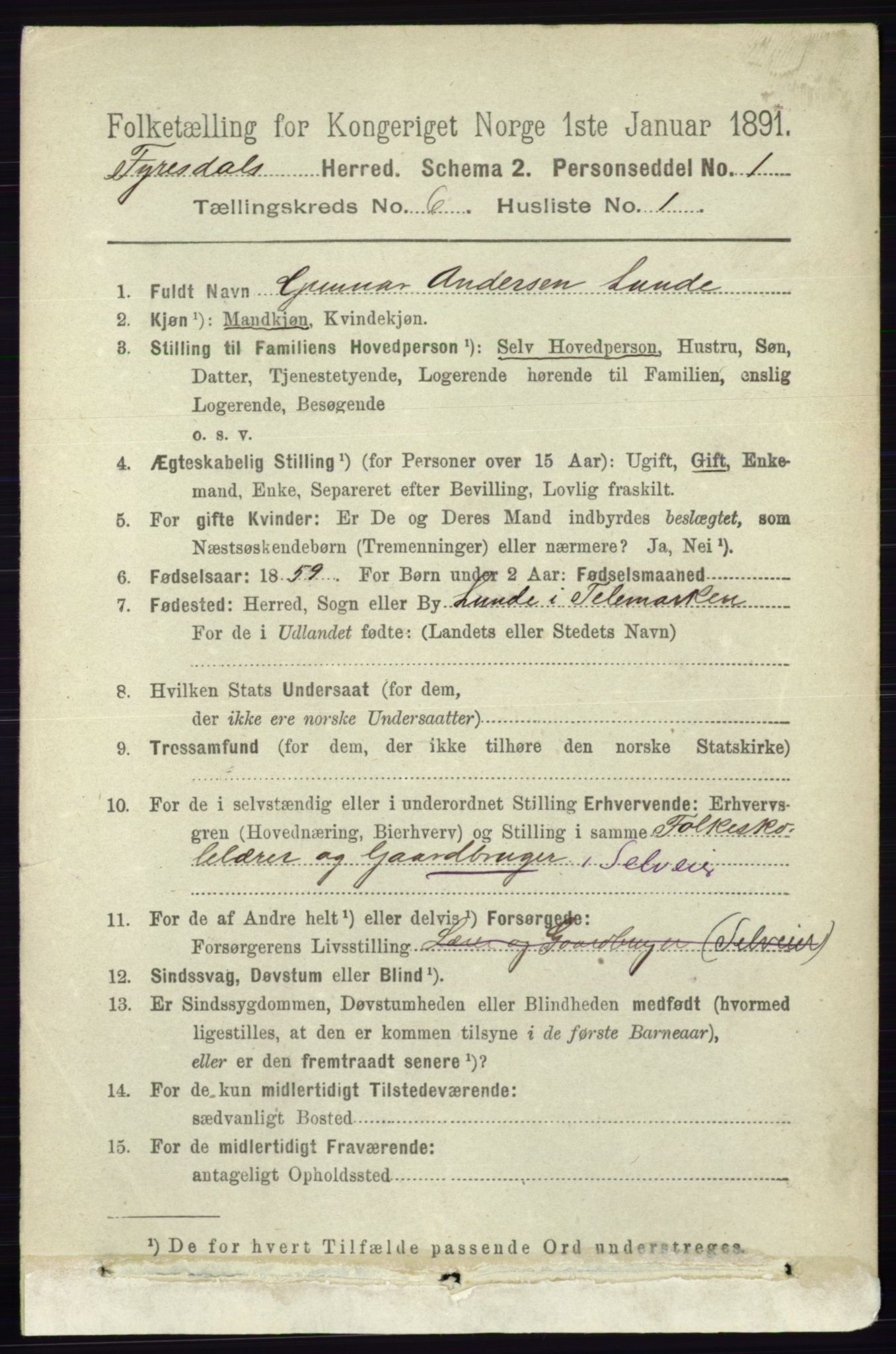 RA, 1891 census for 0831 Fyresdal, 1891, p. 1662