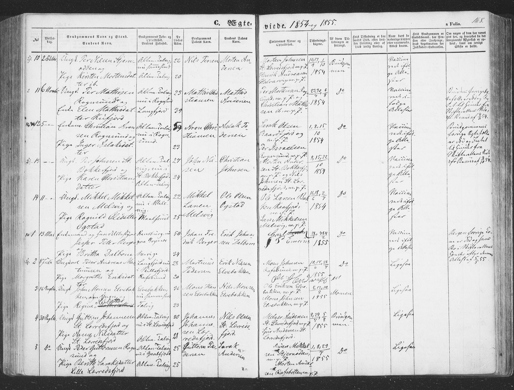 Talvik sokneprestkontor, SATØ/S-1337/H/Ha/L0010kirke: Parish register (official) no. 10, 1852-1864, p. 168