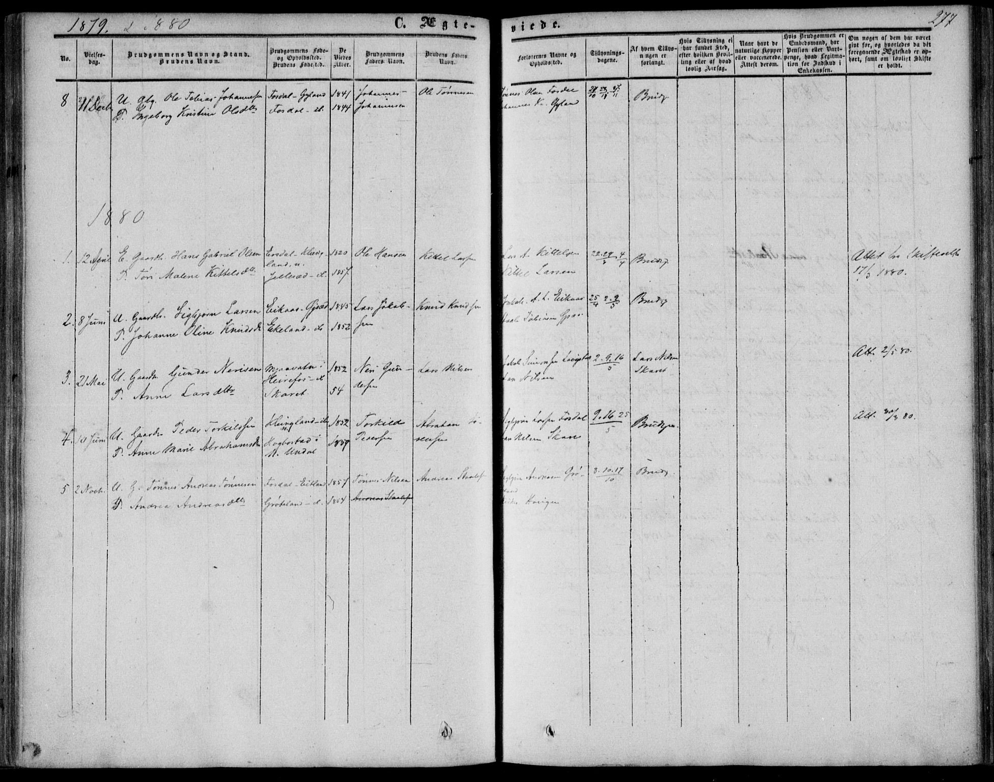 Bakke sokneprestkontor, SAK/1111-0002/F/Fa/Fab/L0002: Parish register (official) no. A 2, 1855-1884, p. 277
