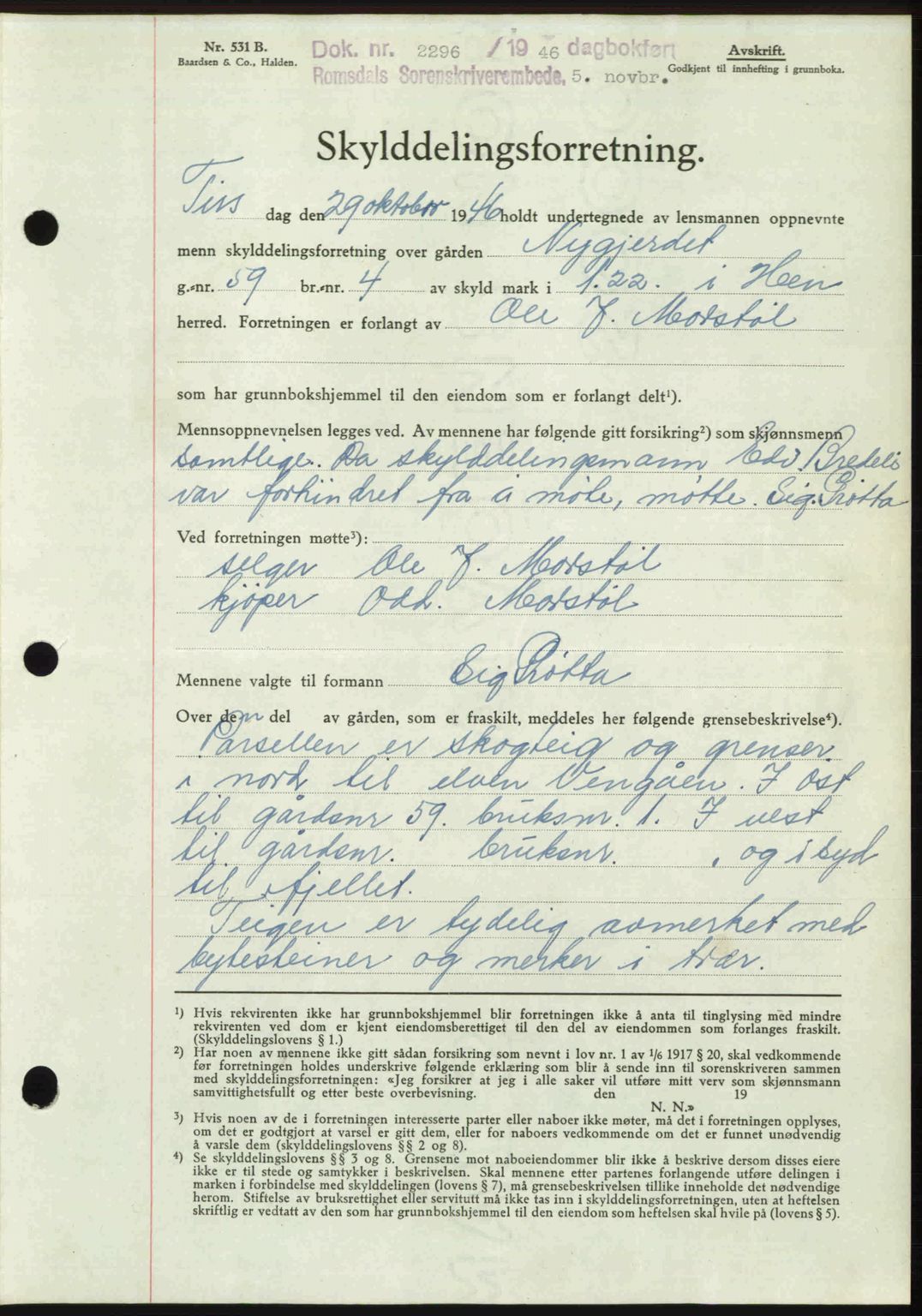 Romsdal sorenskriveri, AV/SAT-A-4149/1/2/2C: Mortgage book no. A21, 1946-1946, Diary no: : 2296/1946