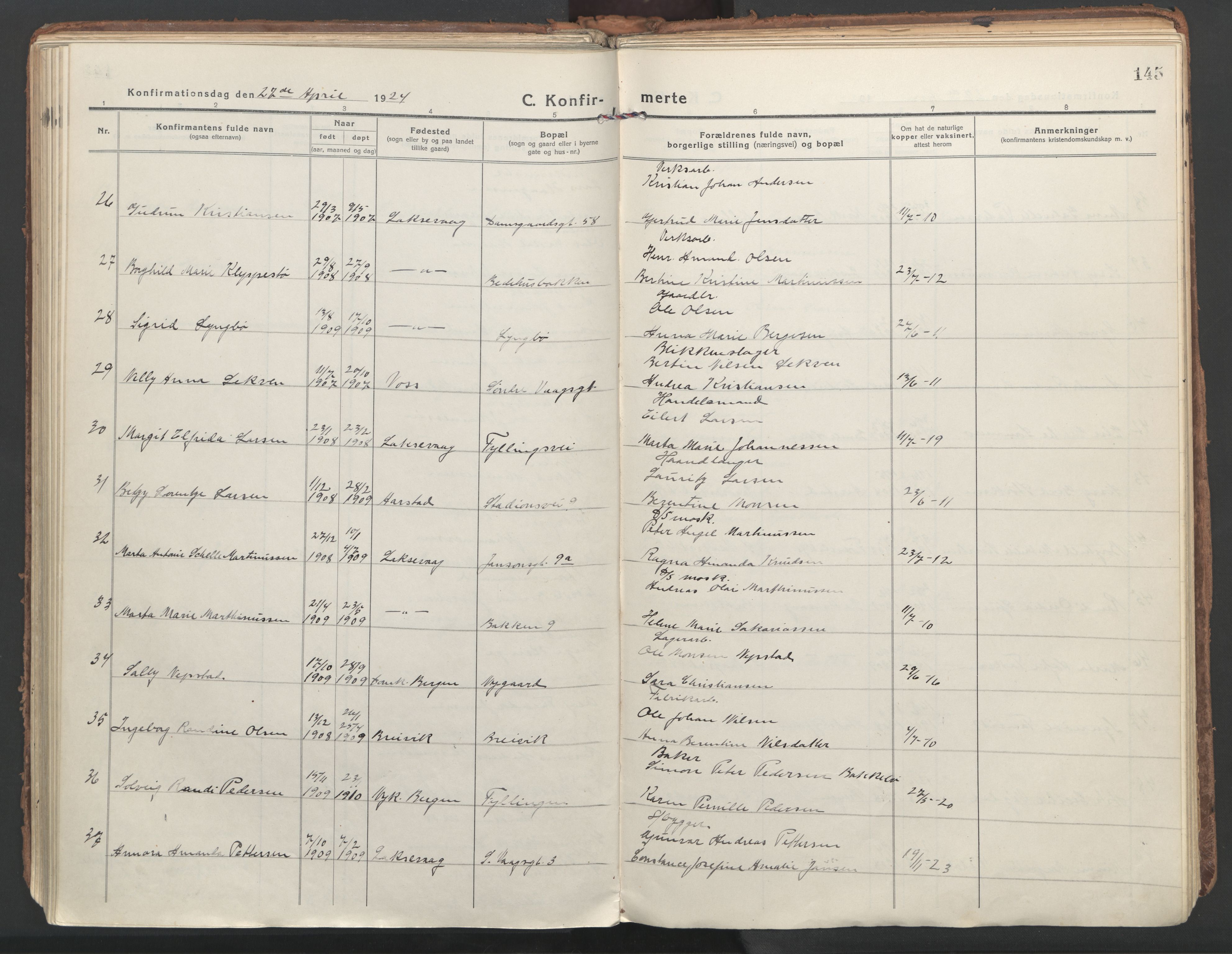 Laksevåg Sokneprestembete, AV/SAB-A-76501/H/Ha/Haa/Haaa/L0002: Parish register (official) no. A 2, 1917-1927, p. 145