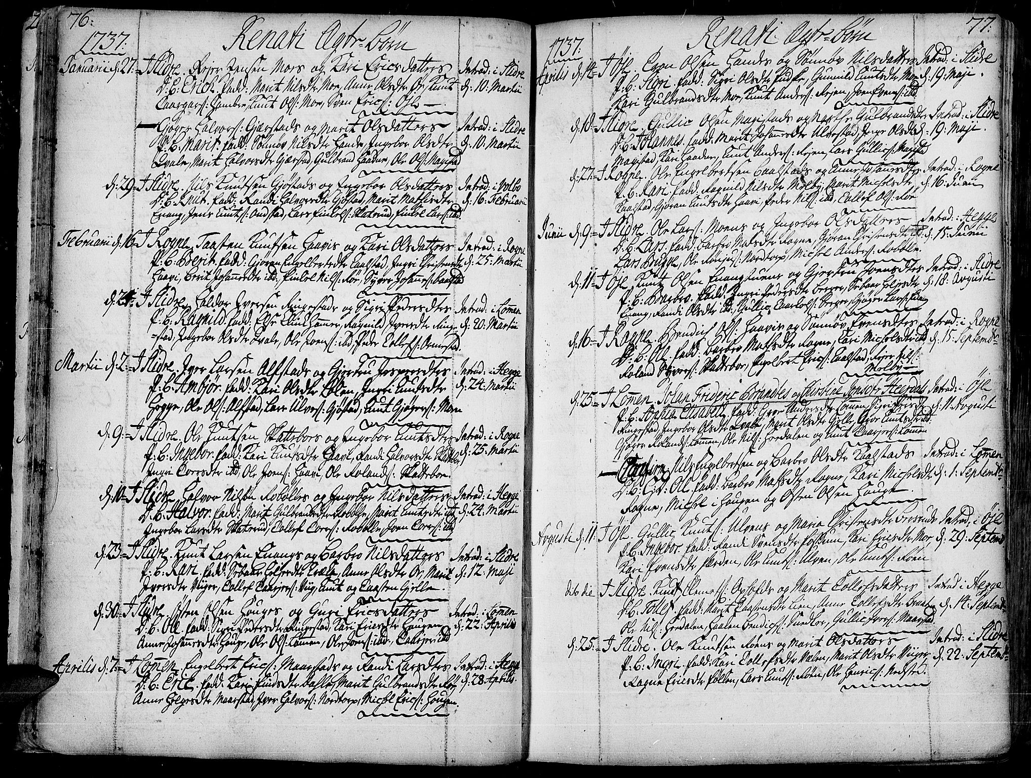 Slidre prestekontor, SAH/PREST-134/H/Ha/Haa/L0001: Parish register (official) no. 1, 1724-1814, p. 76-77