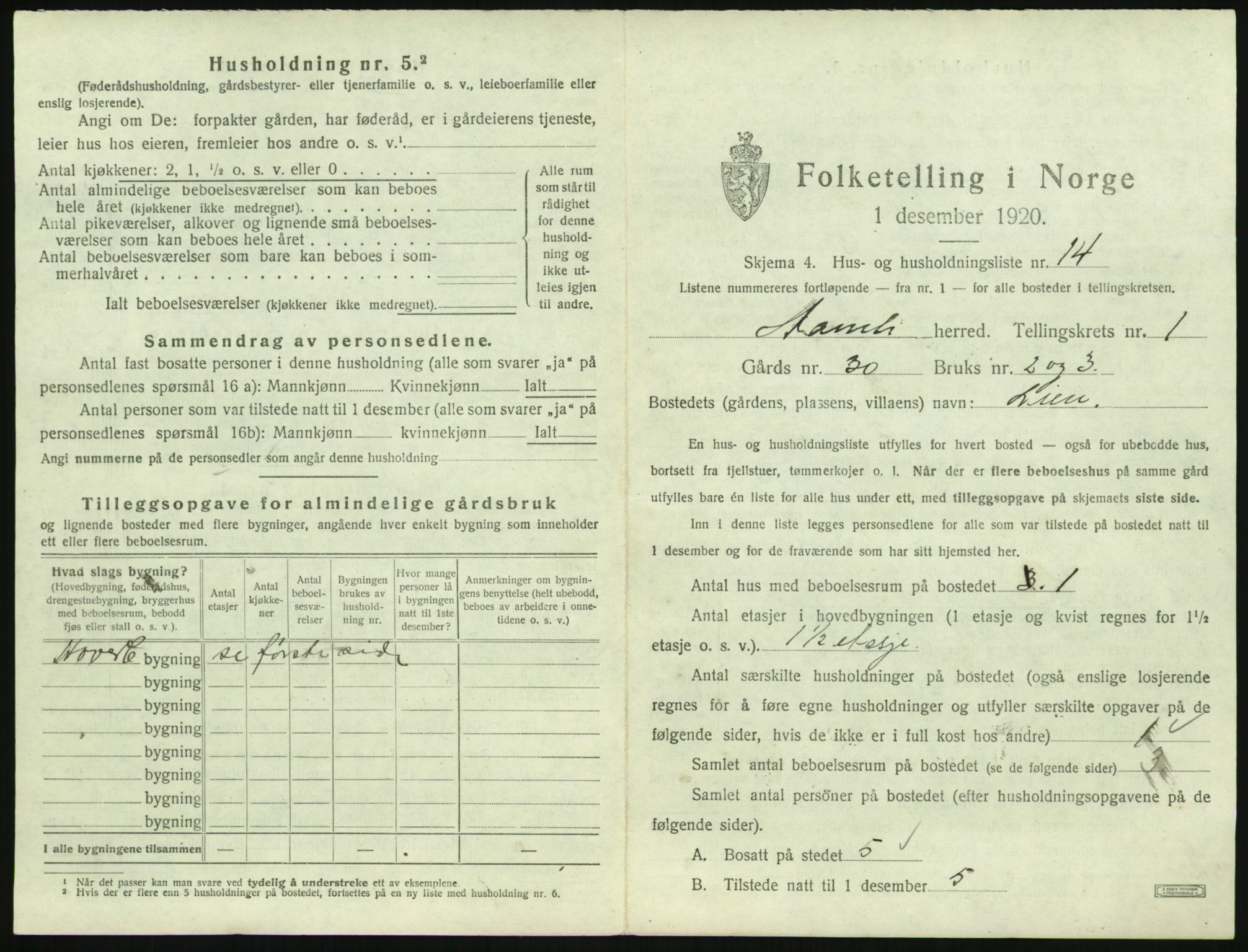 SAK, 1920 census for Åmli, 1920, p. 69