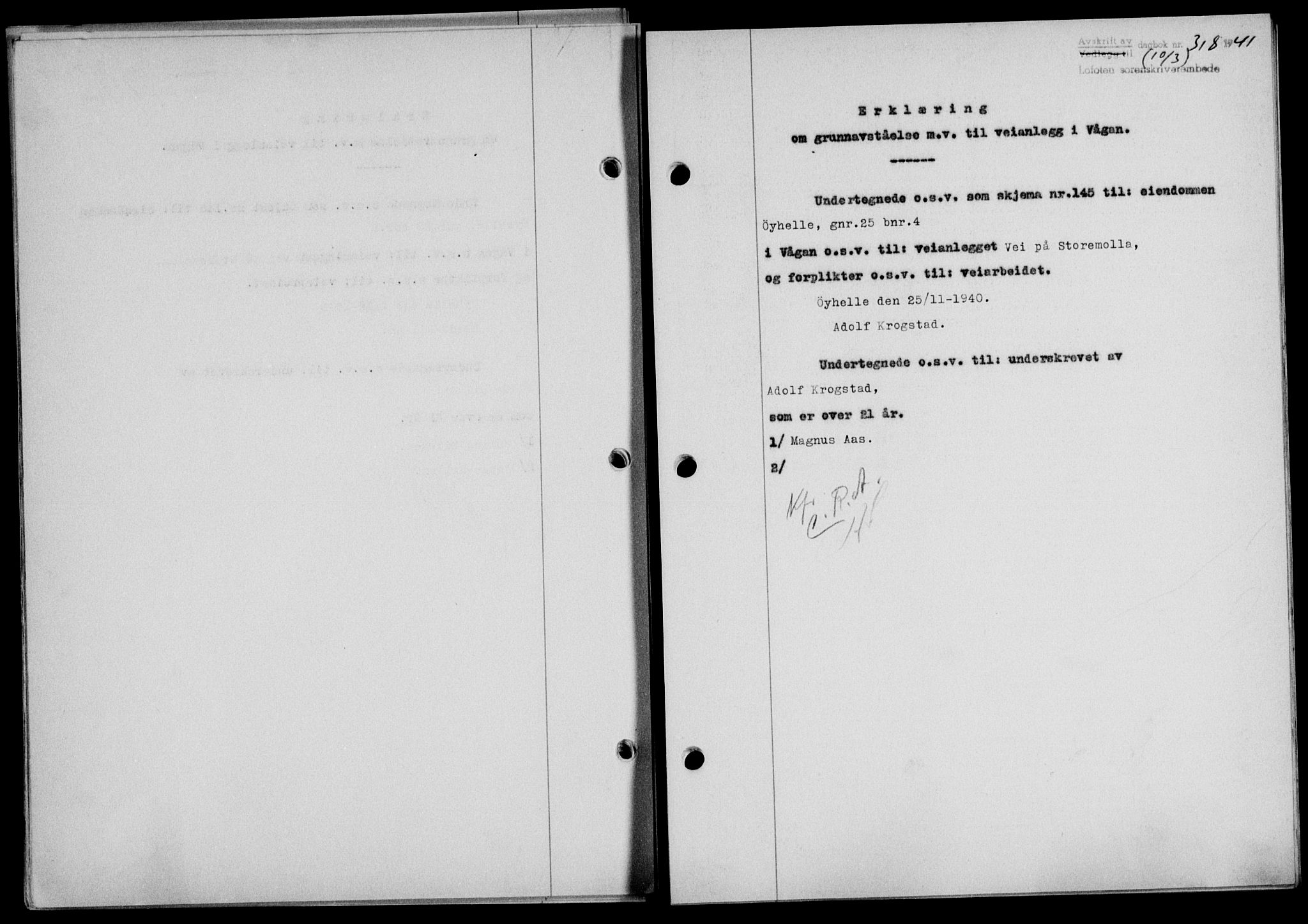 Lofoten sorenskriveri, SAT/A-0017/1/2/2C/L0008a: Mortgage book no. 8a, 1940-1941, Diary no: : 318/1941