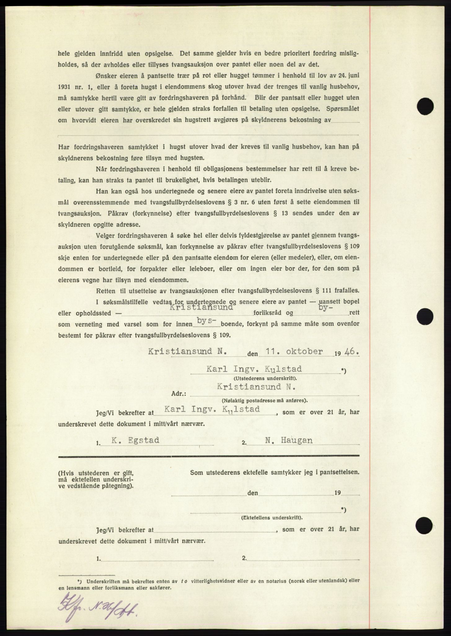 Nordmøre sorenskriveri, AV/SAT-A-4132/1/2/2Ca: Mortgage book no. B95, 1946-1947, Diary no: : 2103/1946