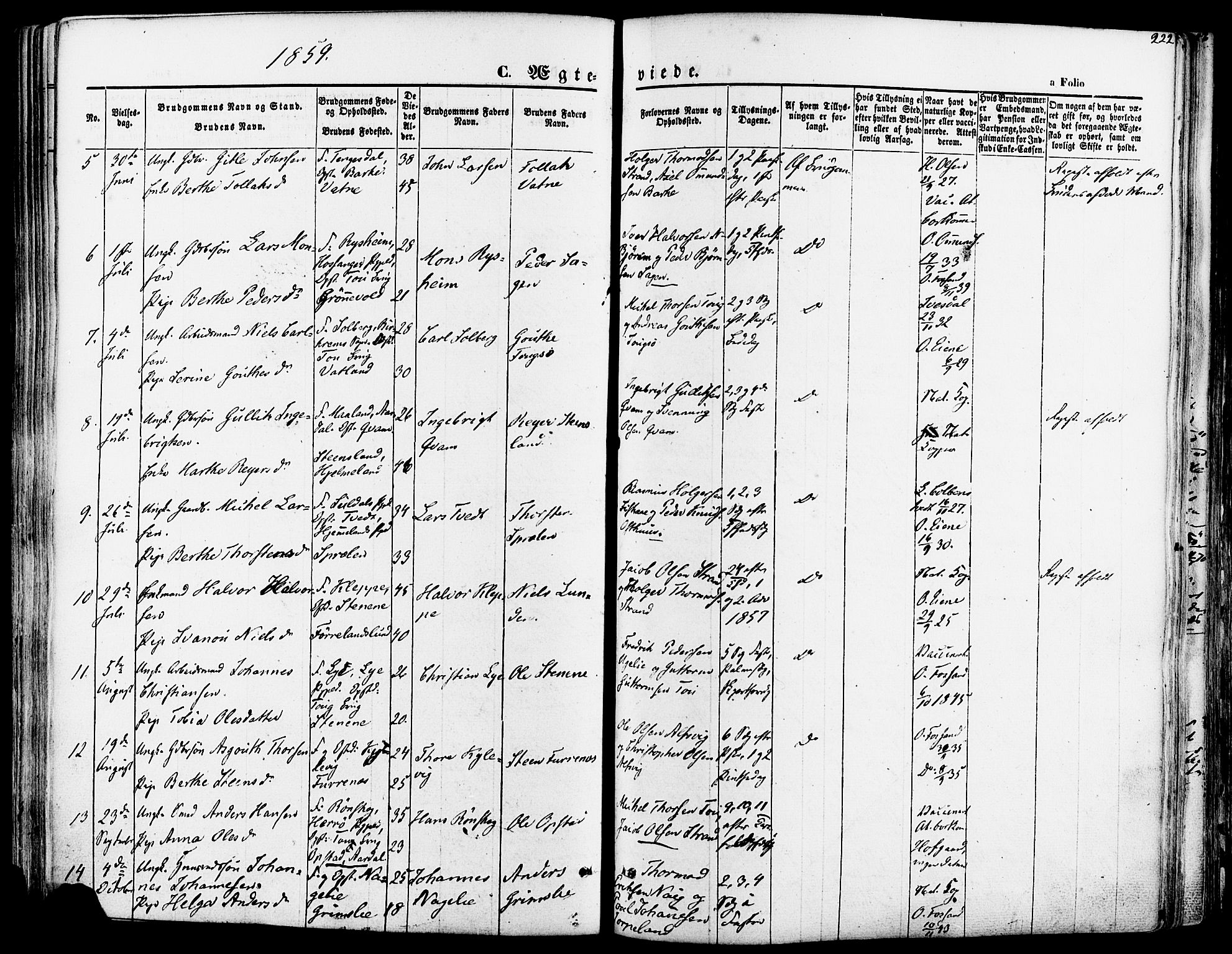 Strand sokneprestkontor, SAST/A-101828/H/Ha/Haa/L0007: Parish register (official) no. A 7, 1855-1881, p. 222