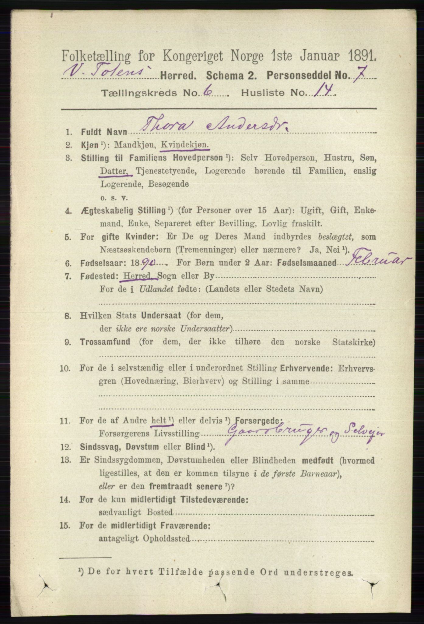 RA, 1891 census for 0529 Vestre Toten, 1891, p. 3882