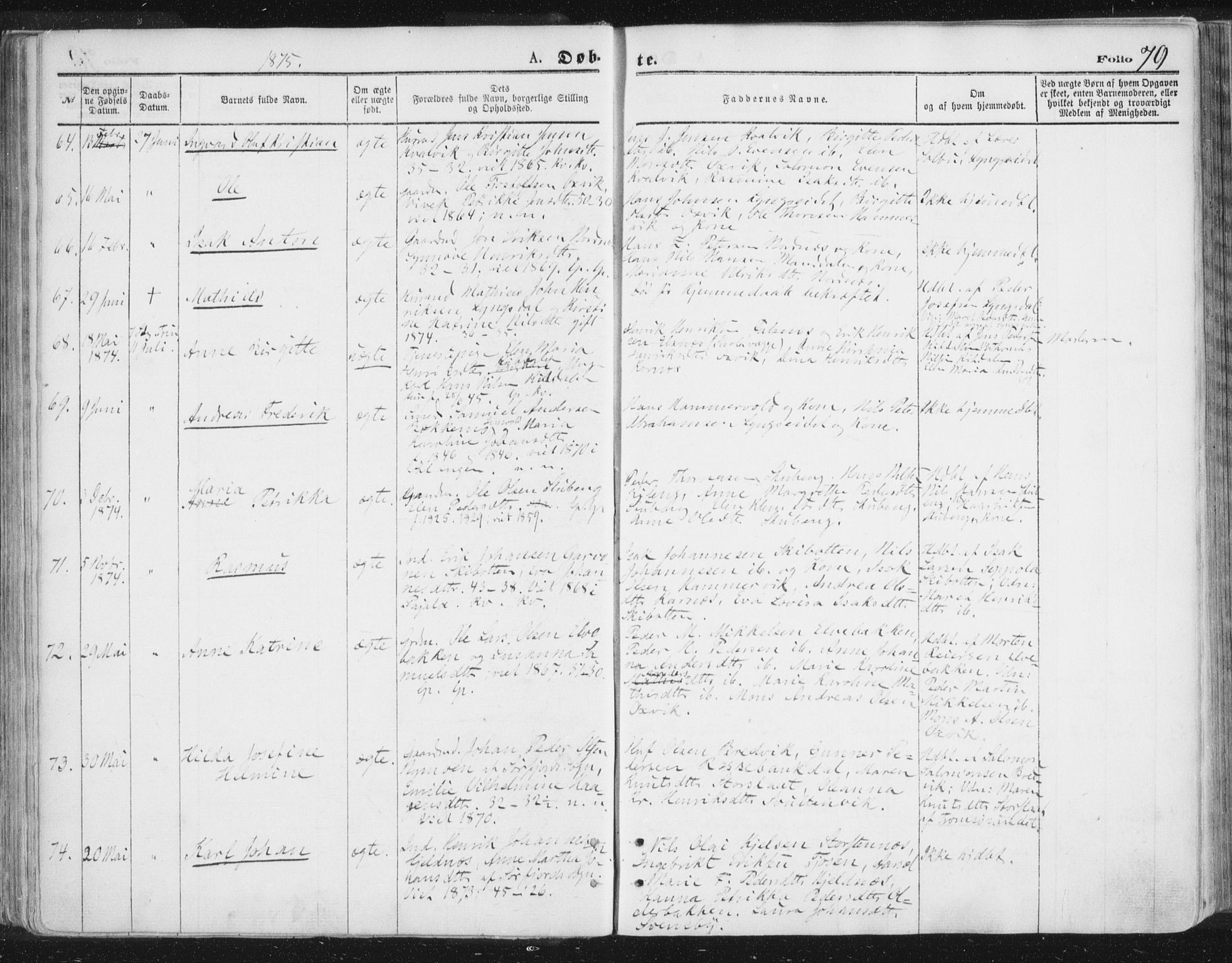 Lyngen sokneprestembete, AV/SATØ-S-1289/H/He/Hea/L0006kirke: Parish register (official) no. 6, 1870-1878, p. 79